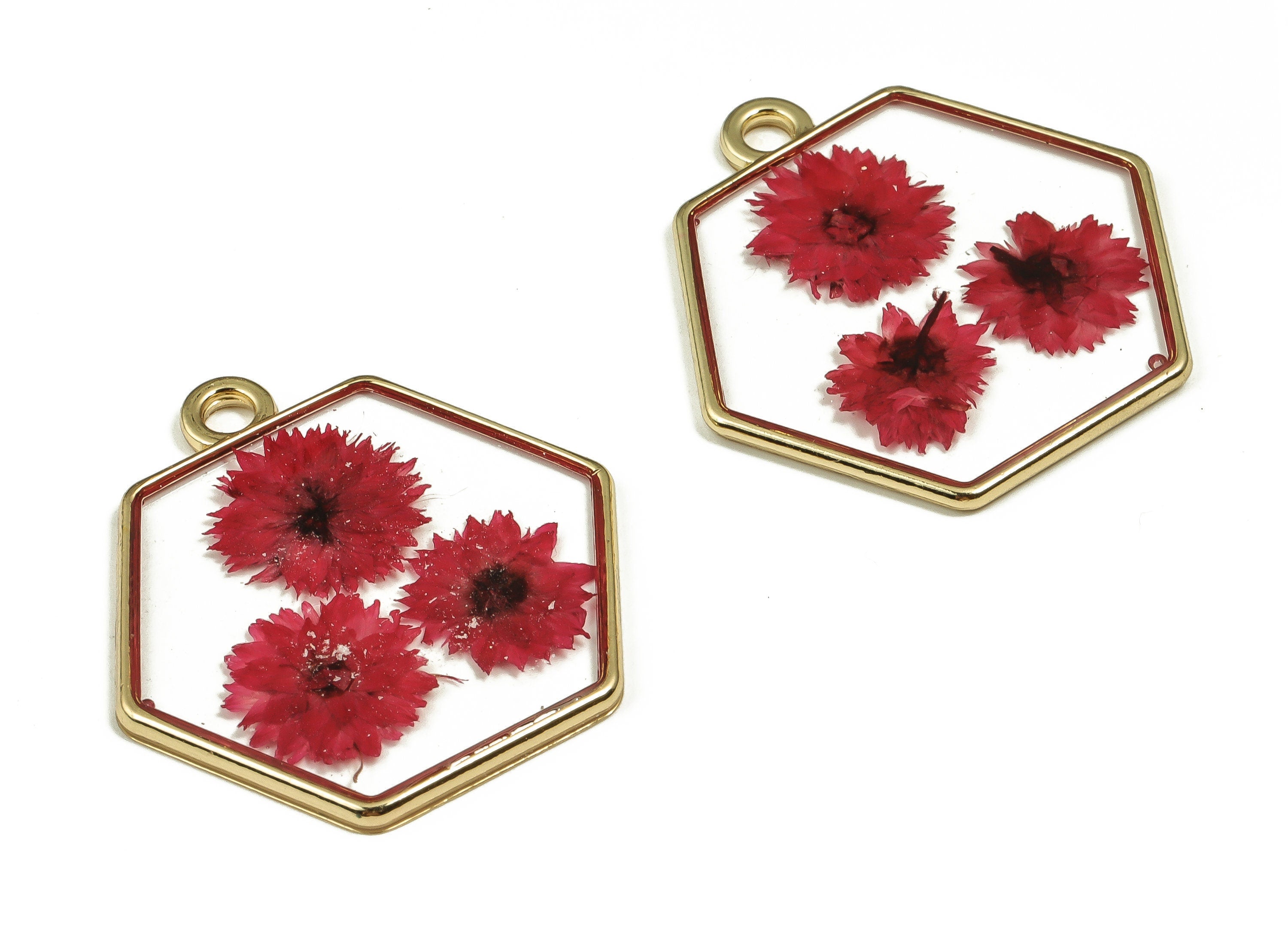 Epoxy Resin Hexagon Real Flower Earring Charms - Epoxy Resin Xiao Xiangqing Pendant - Gold Tone Plated Alloy - 28.53x27.94x2.83mm - ZZ1827 - DOMEDBAZAAR
