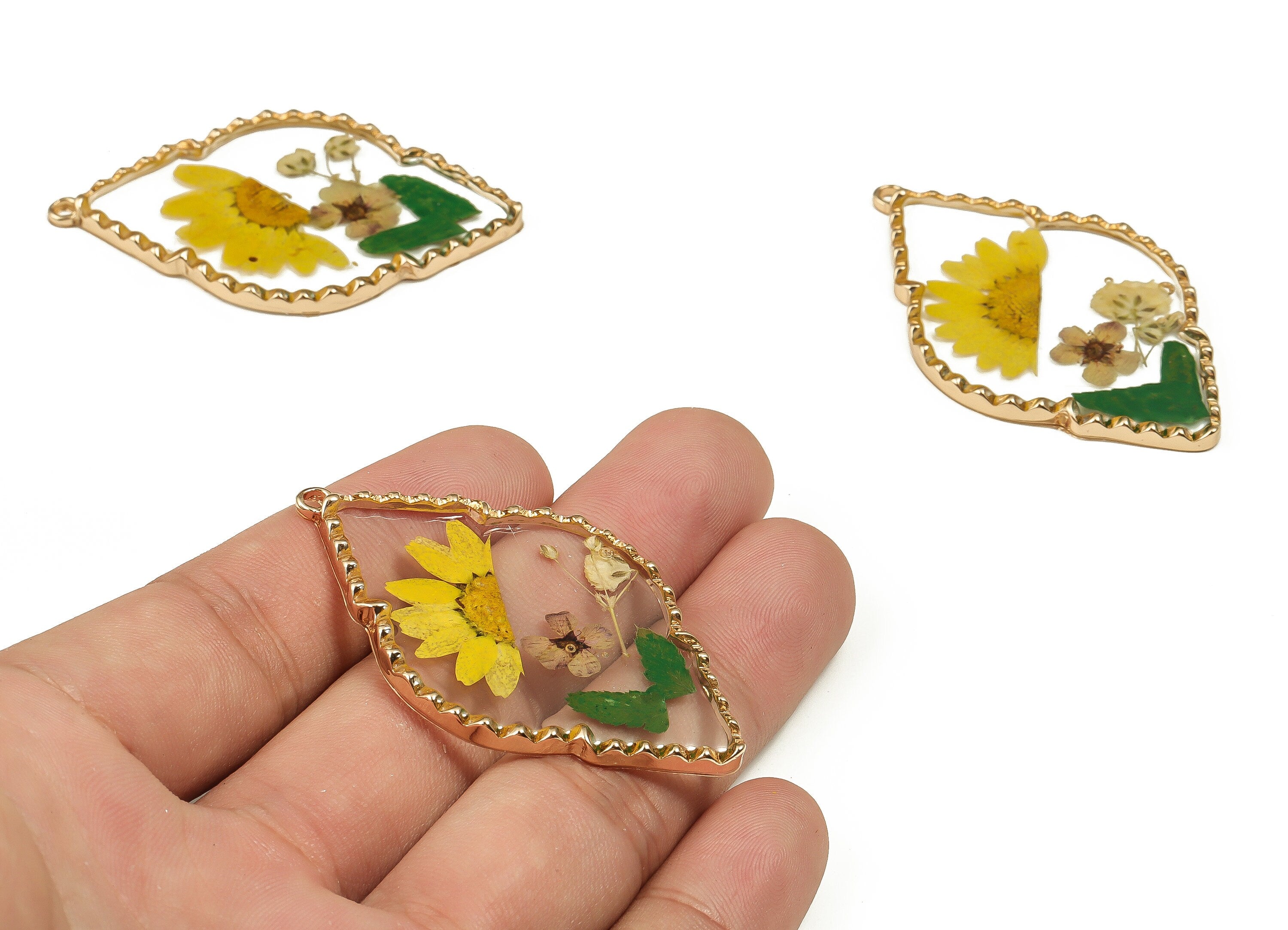 Epoxy Resin Diamond Real Flower Earring Charms - Needle Chrysanthemum&Narcissus Pendant - Gold Tone Plated Alloy - 54.3x33.39x3.1mm - ZZ1888 - DOMEDBAZAAR