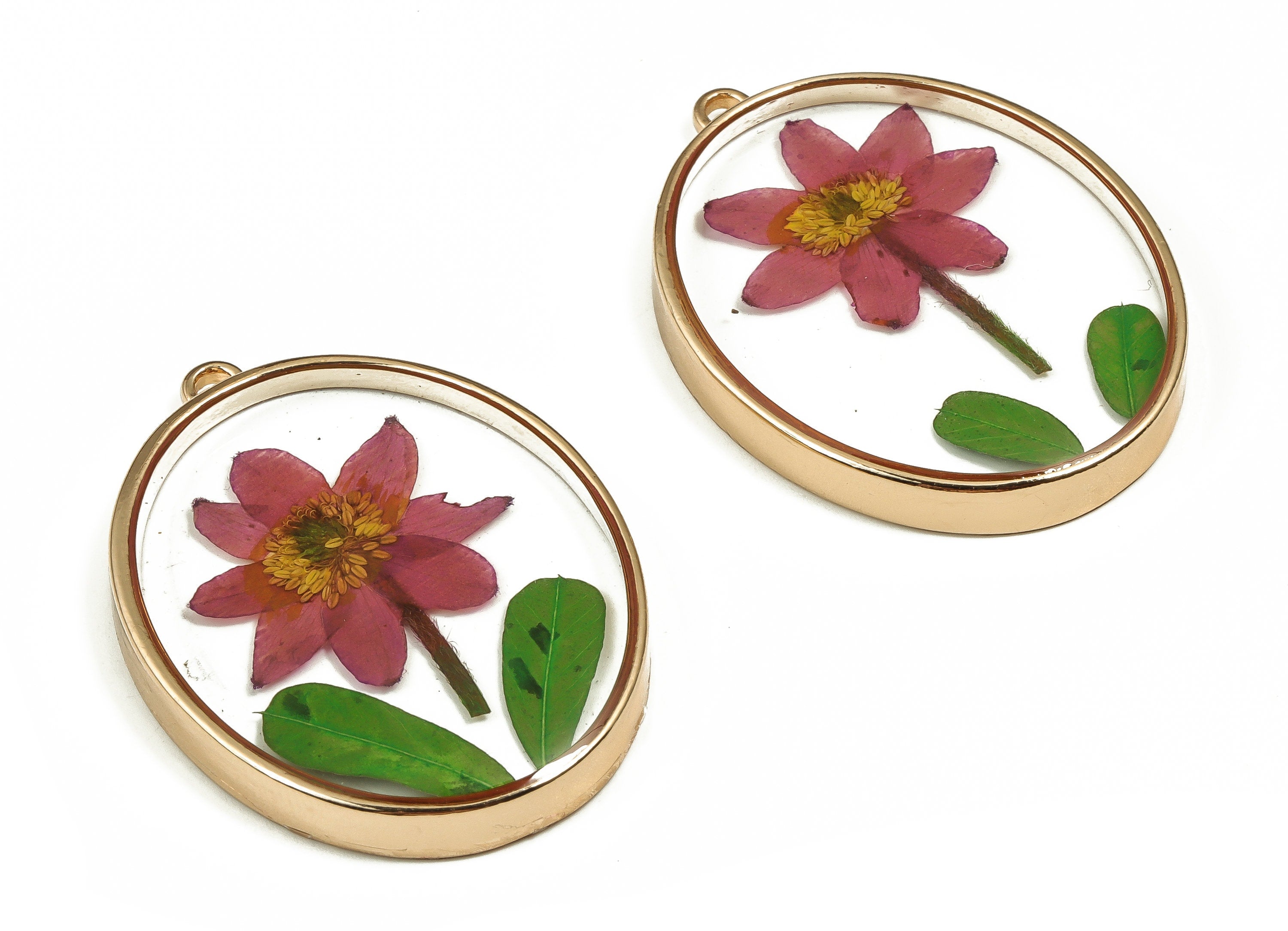 Epoxy Resin Oval Real Flower Earring Charms - Epoxy Resin Annunciator Pendant - Gold Tone Plated Alloy - 41.33x30.29x5.23mm - ZZ1881 - DOMEDBAZAAR