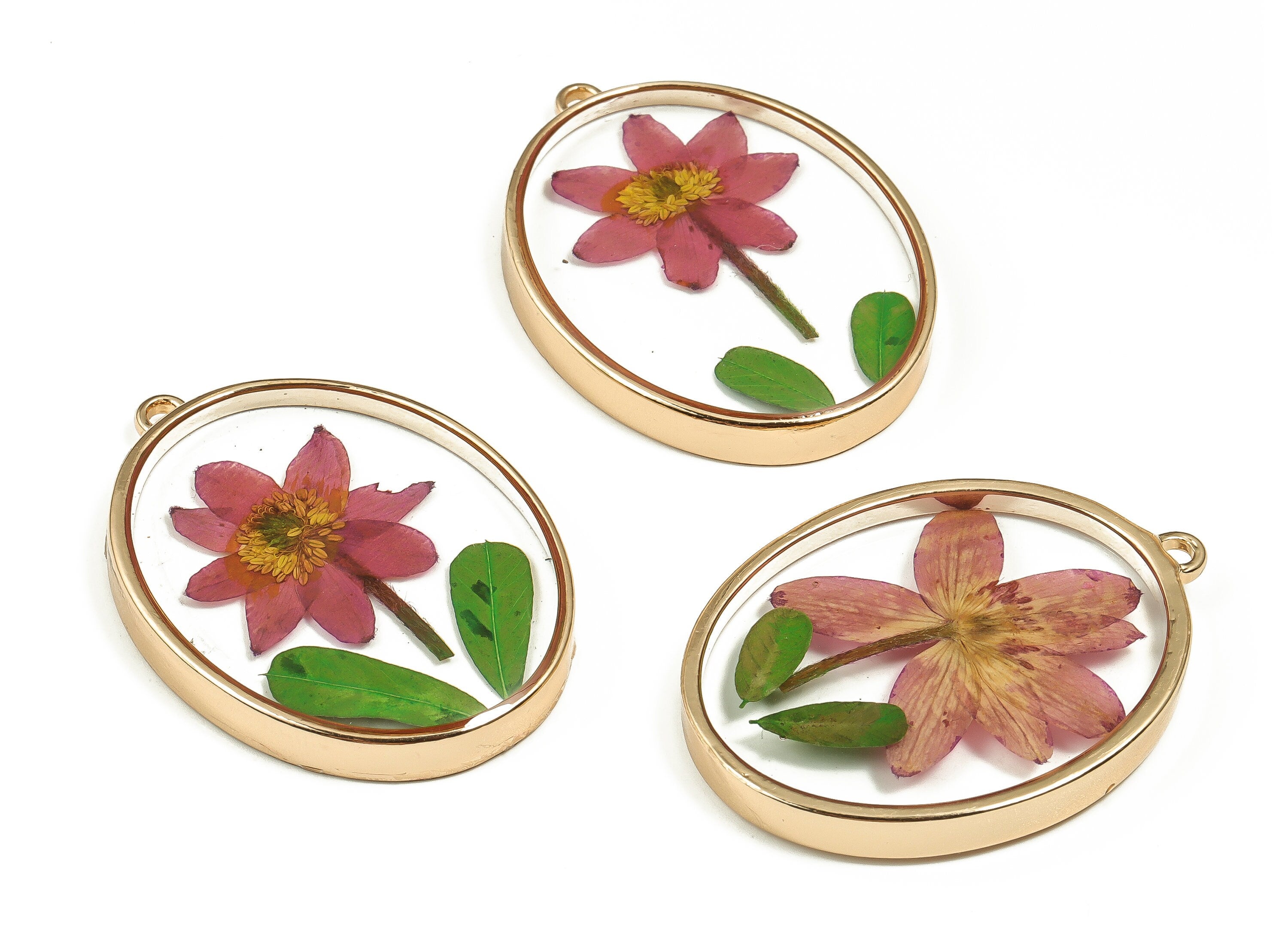 Epoxy Resin Oval Real Flower Earring Charms - Epoxy Resin Annunciator Pendant - Gold Tone Plated Alloy - 41.33x30.29x5.23mm - ZZ1881 - DOMEDBAZAAR