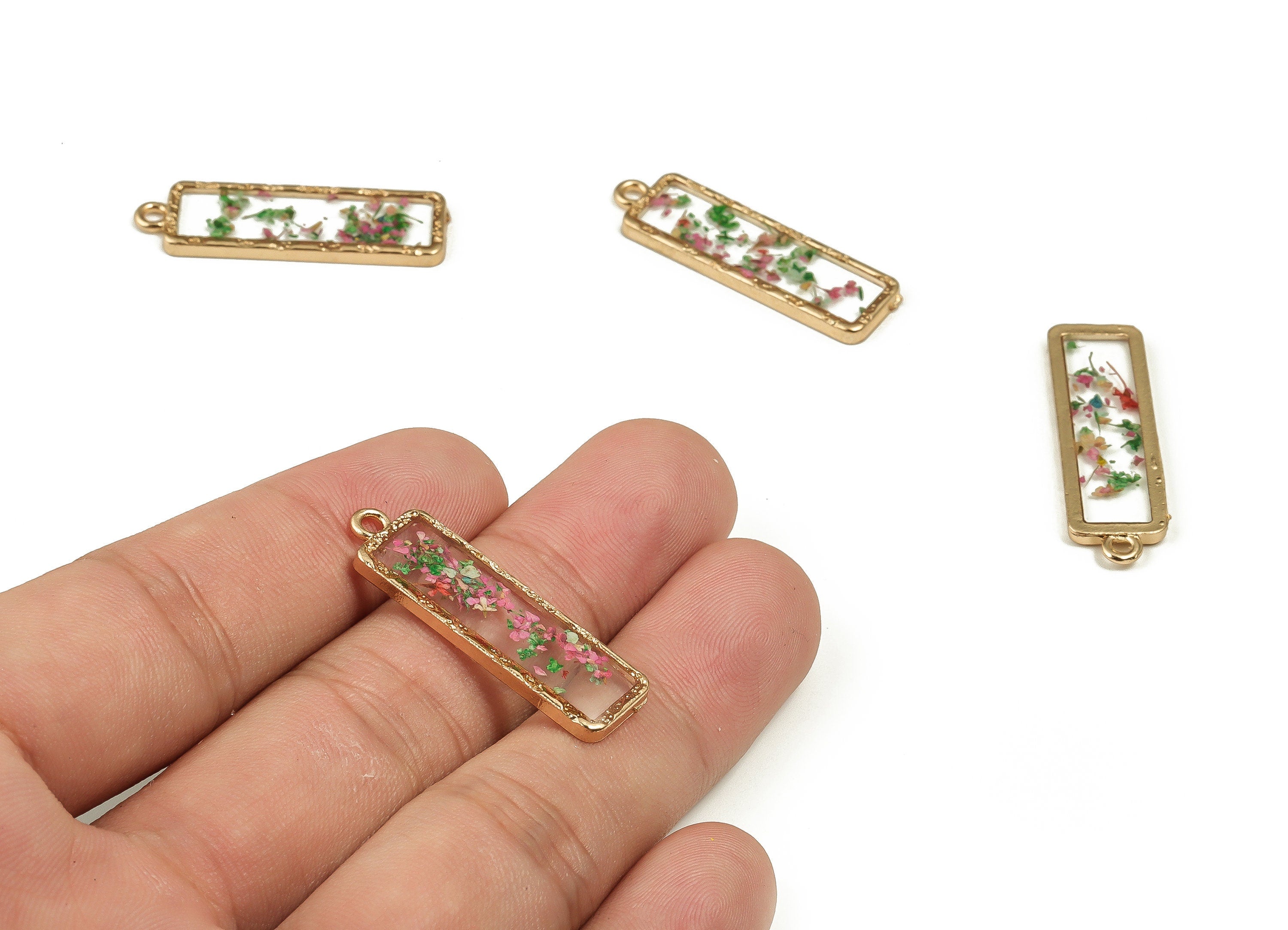 Epoxy Resin Rectangle Real Flower Earring Charms - Epoxy Resin Broken Lace Pendant - Gold Tone Plated Alloy - 33.49x10.47x2.55mm - ZZ1854 - DOMEDBAZAAR