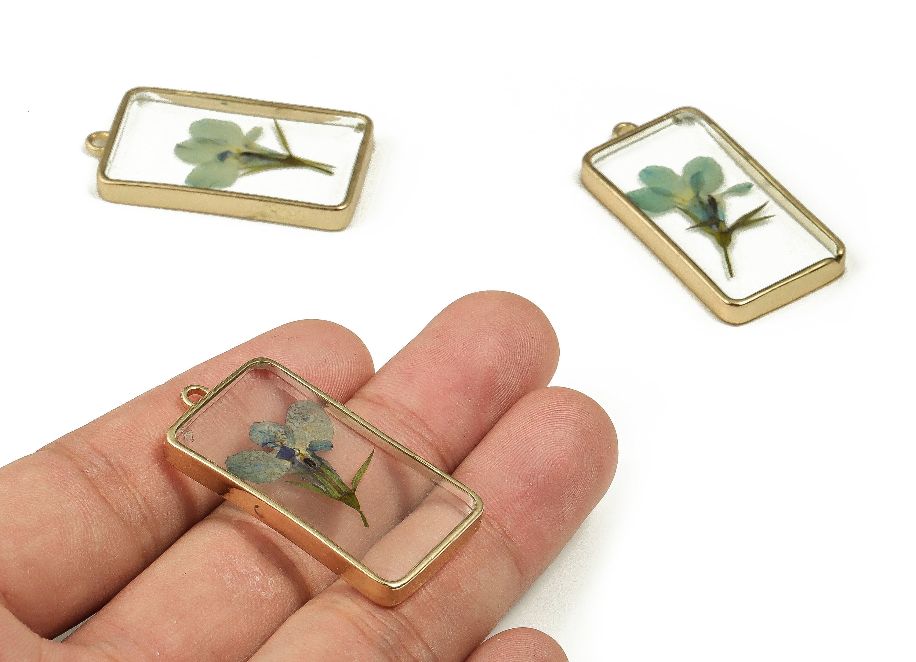 Epoxy Resin Rectangle Real Flower Charms - Epoxy Resin Garden Lobelia Pendant - Gold Tone Plated Alloy - 40.38x20.61x4.4mm - ZZ1874 - DOMEDBAZAAR