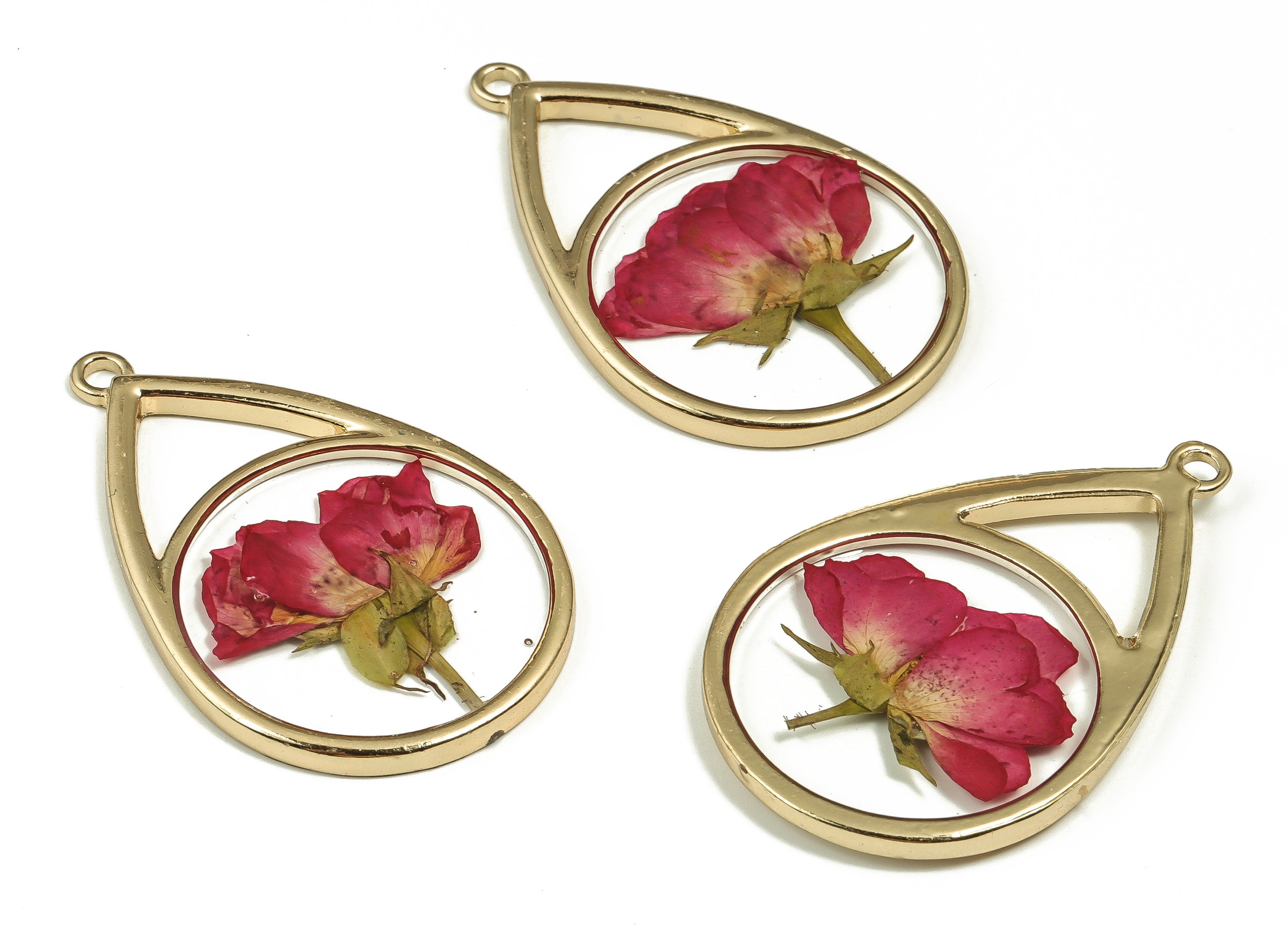 Epoxy Resin Drop Real Flower Earring Charms - Epoxy Resin Chinese Rose Pendant - Gold Tone Plated Alloy - 46.38x29.92x3.32mm - ZZ1851 - DOMEDBAZAAR