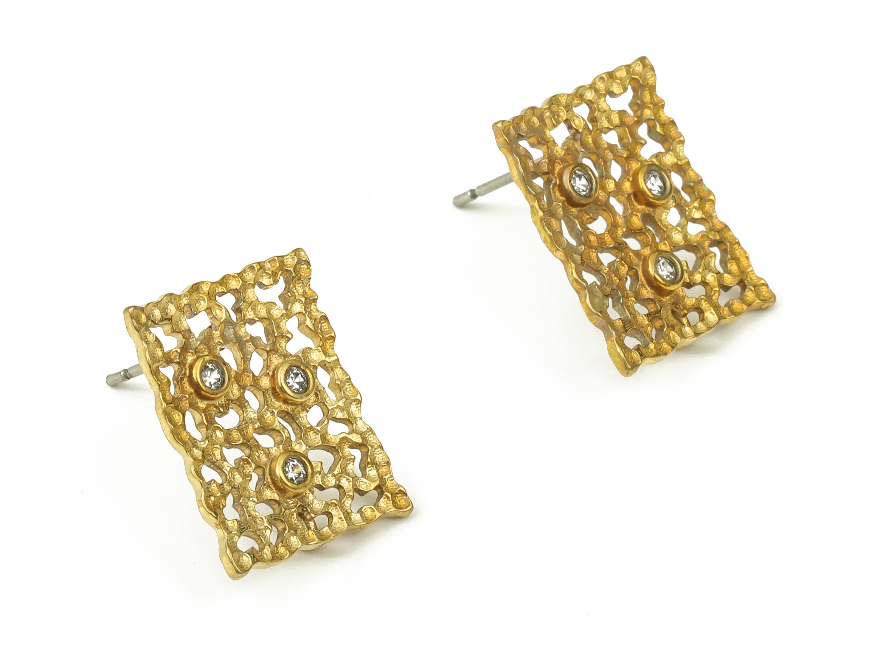 Brass Square Earring Stud Zircon – Filigree Square Earring Post - Stainless Steel Stud - Jewelry Supplies - 17.49x14.05x2mm - PP4528 - DOMEDBAZAAR
