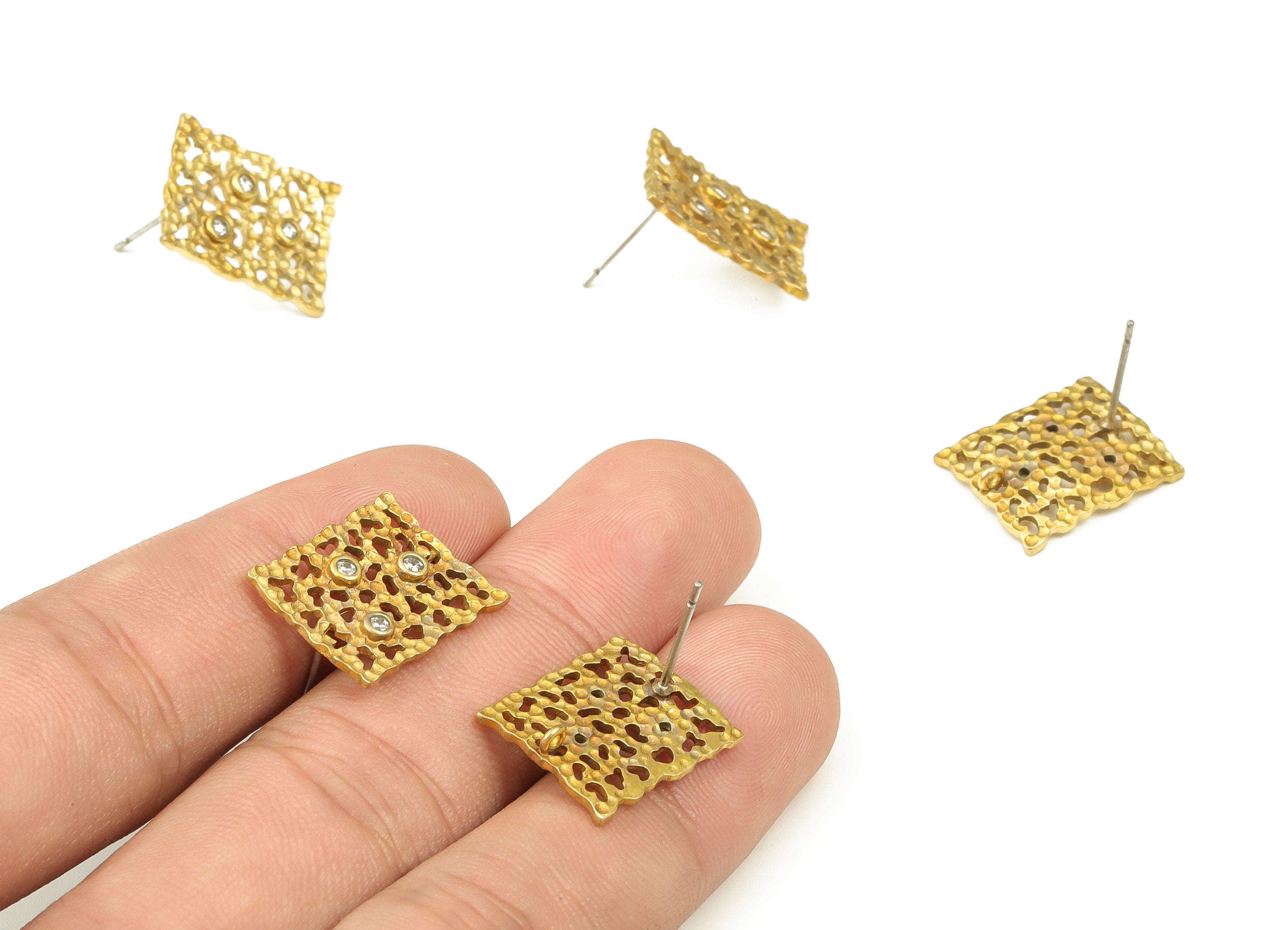 Brass Square Earring Stud Zircon – Filigree Square Earring Post - Stainless Steel Stud - Jewelry Supplies - 17.49x14.05x2mm - PP4528 - DOMEDBAZAAR