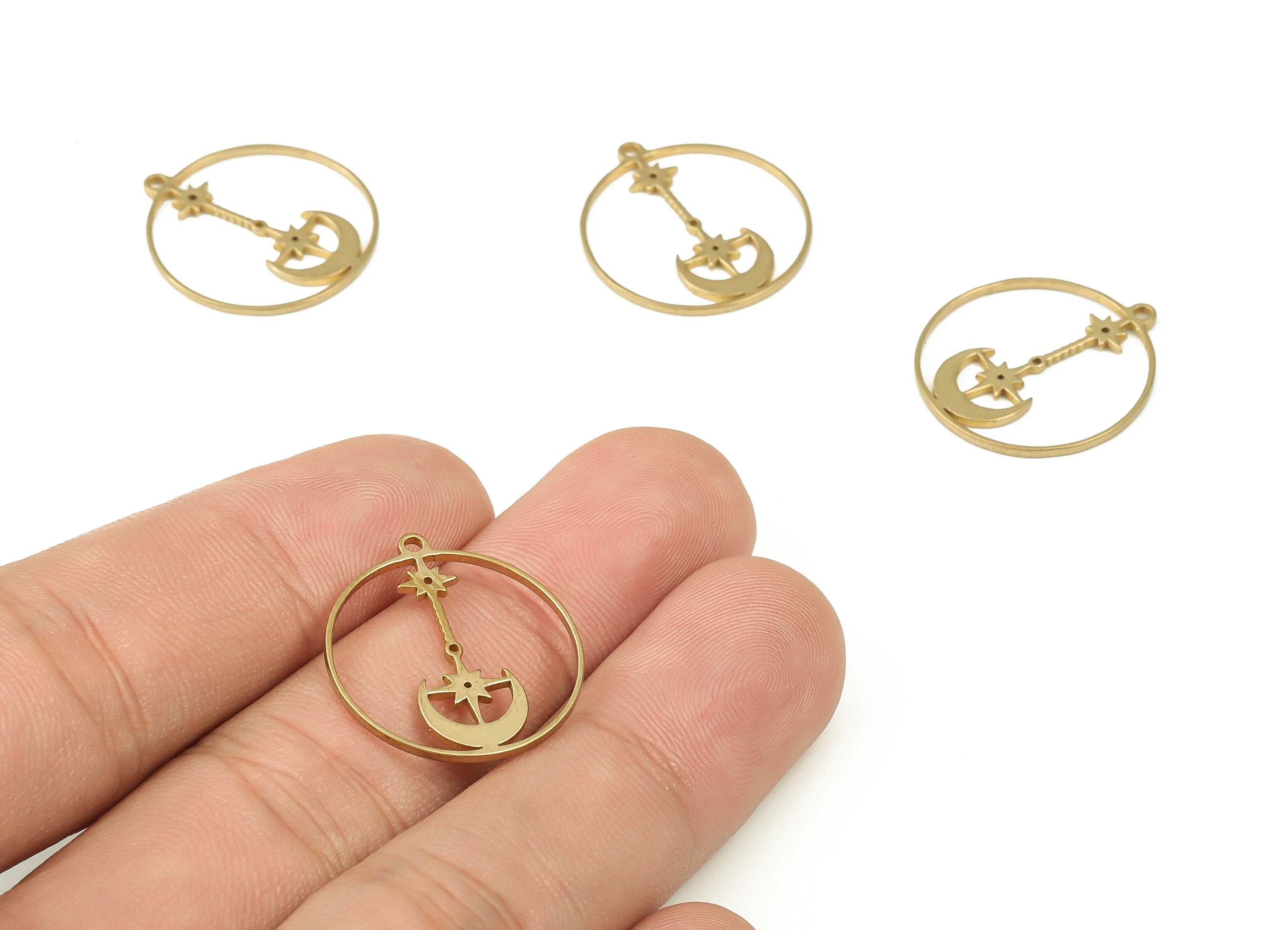 Brass Round Star Earring Charm – Raw Brass Circle Moon Pendant– Earring Findings - Jewelry Supplies- 21.8x19.82x0.95mm - PP4514 - DOMEDBAZAAR