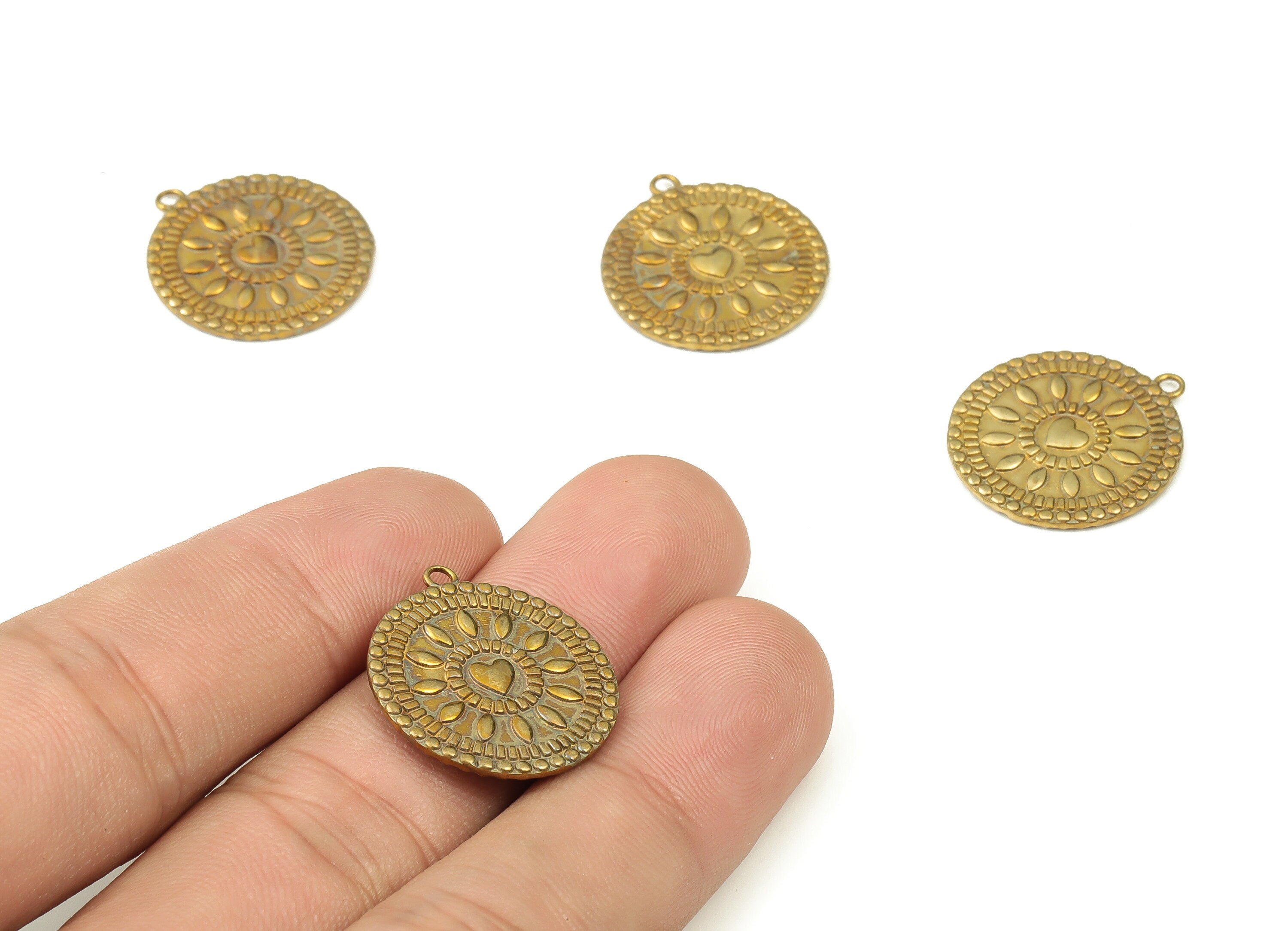 Brass Round Sun Earring Charms - Raw Brass Circle Heart Pendant - Earrings Findings - Jewelry Making Supplies - 22.21x19.92x1.44mm - PP4538 - DOMEDBAZAAR