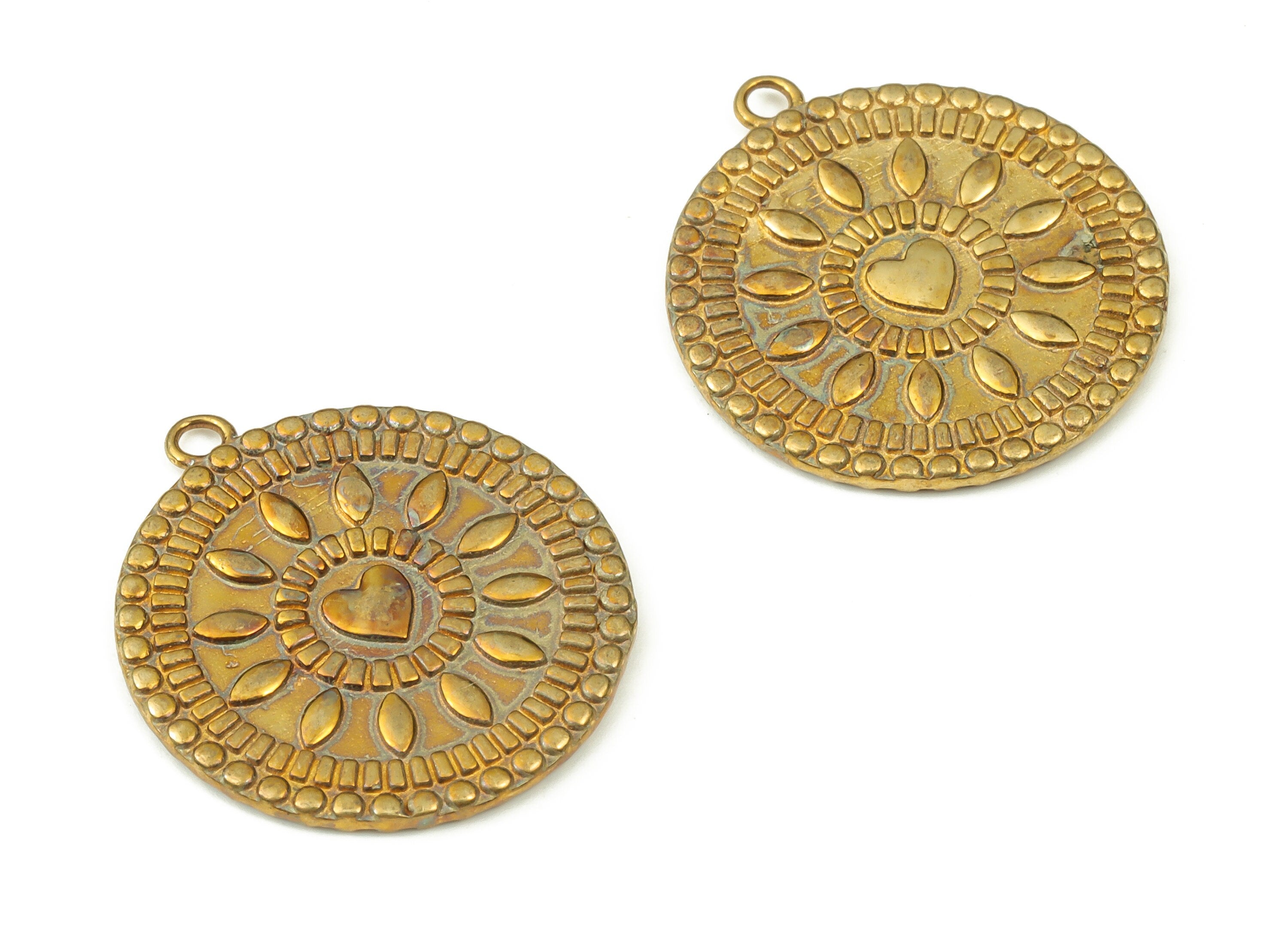 Brass Round Sun Earring Charms - Raw Brass Circle Heart Pendant - Earrings Findings - Jewelry Making Supplies - 22.21x19.92x1.44mm - PP4538 - DOMEDBAZAAR