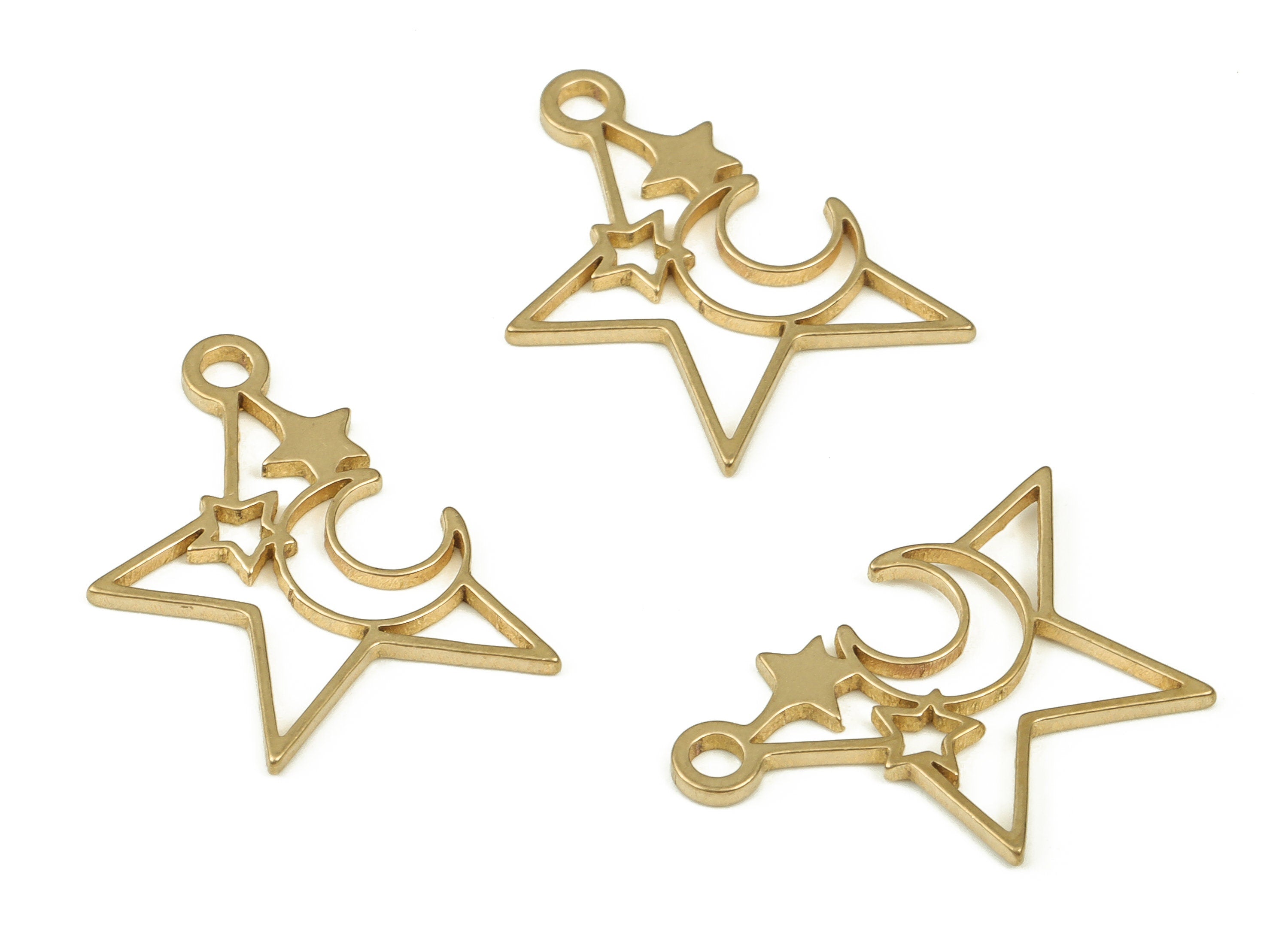 Brass Star Earring Charm - Raw Brass Crescent Pendant - Earring Finding - Jewelry Making Supplies - 19.94x13.61x0.94mm - PP4519 - DOMEDBAZAAR