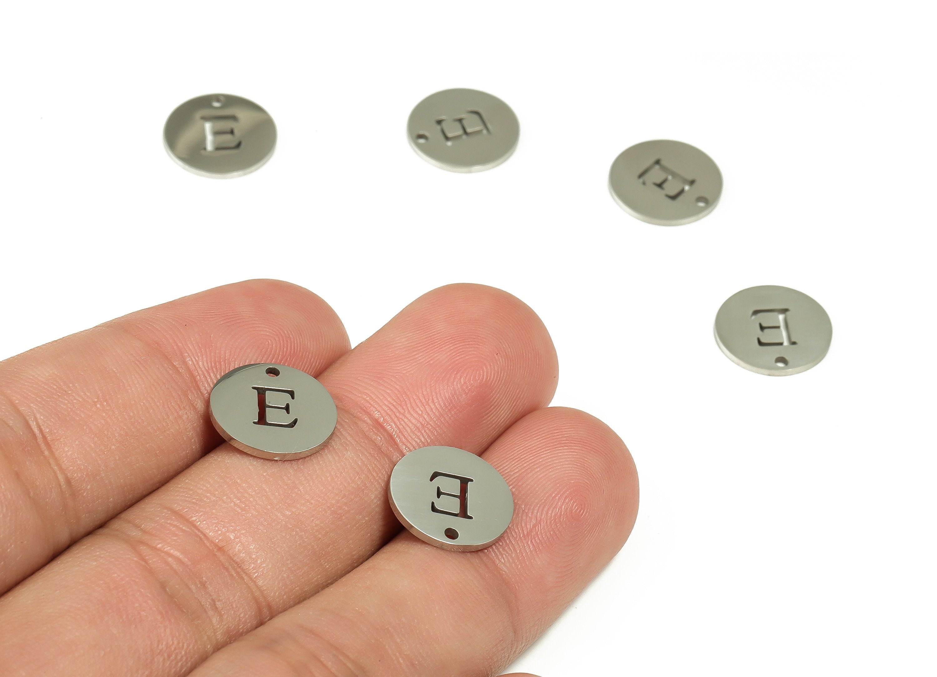 Stainless Steel Round Earring Charms - Stainless Steel The letter E Pendant - Earring Findings - Jewelry Supplies - 12x12x1mm - SS1215E - DOMEDBAZAAR