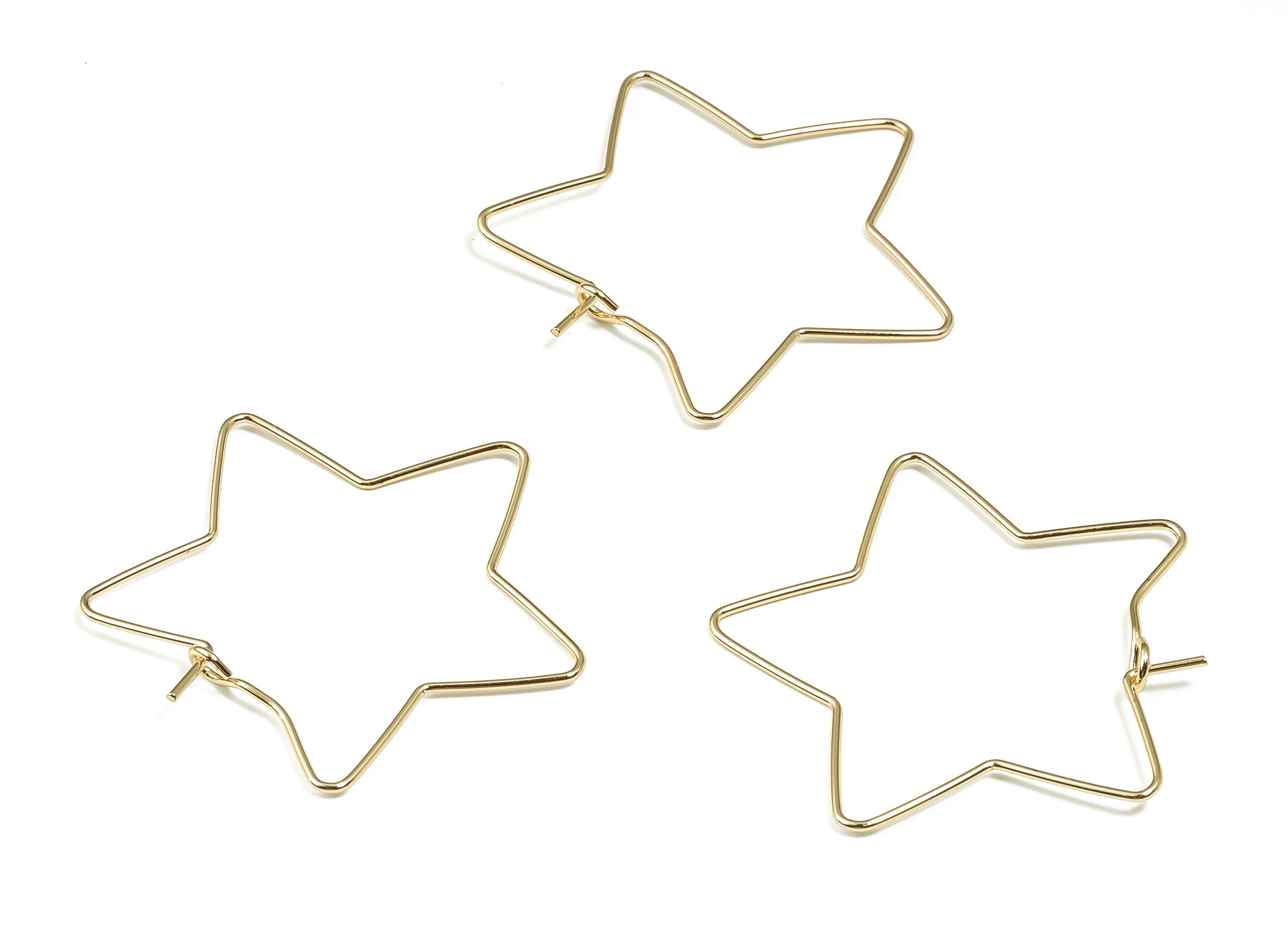 Brass Star Hoop Earrings - Valentine Star Earring - Gold Star Hoops - Wire Hoops - 18k Real Gold Plated Brass - 35.31x33.65x0.77mm - RGP3384 - DOMEDBAZAAR