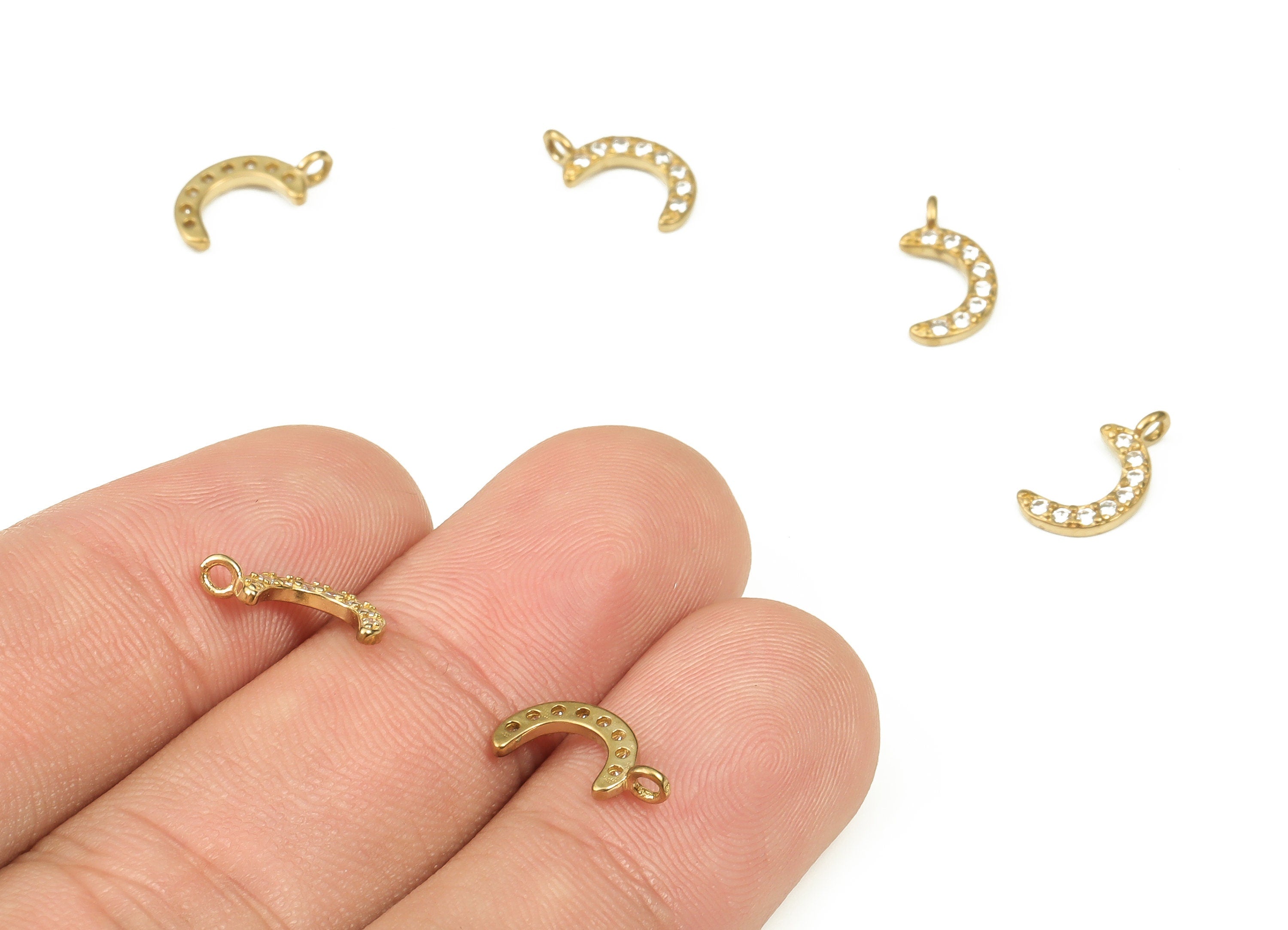 Brass Crescent Earring Charm- Zircon Earring Charm- Raw Brass Moon Pendant- Earring Findings- Jewelry Supplies- 11.72x6.07x1.35mm - PP4515 - DOMEDBAZAAR