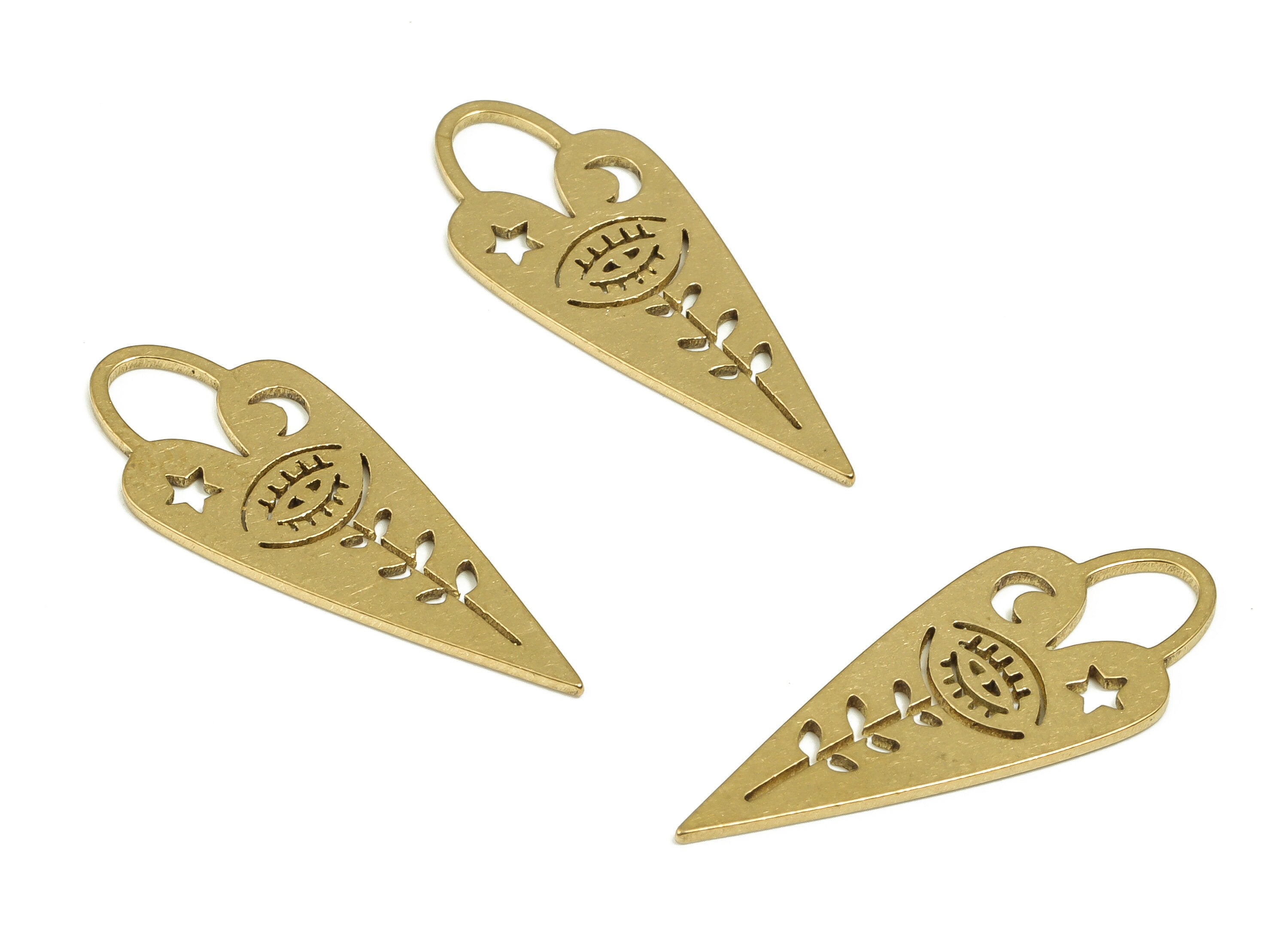 Brass Heart Drop Earring Charms - Raw Brass Star Moon Pendant - Earring Findings - Jewelry Making Supplies - 24.8x9.84x0.64mm- PP4618 - DOMEDBAZAAR