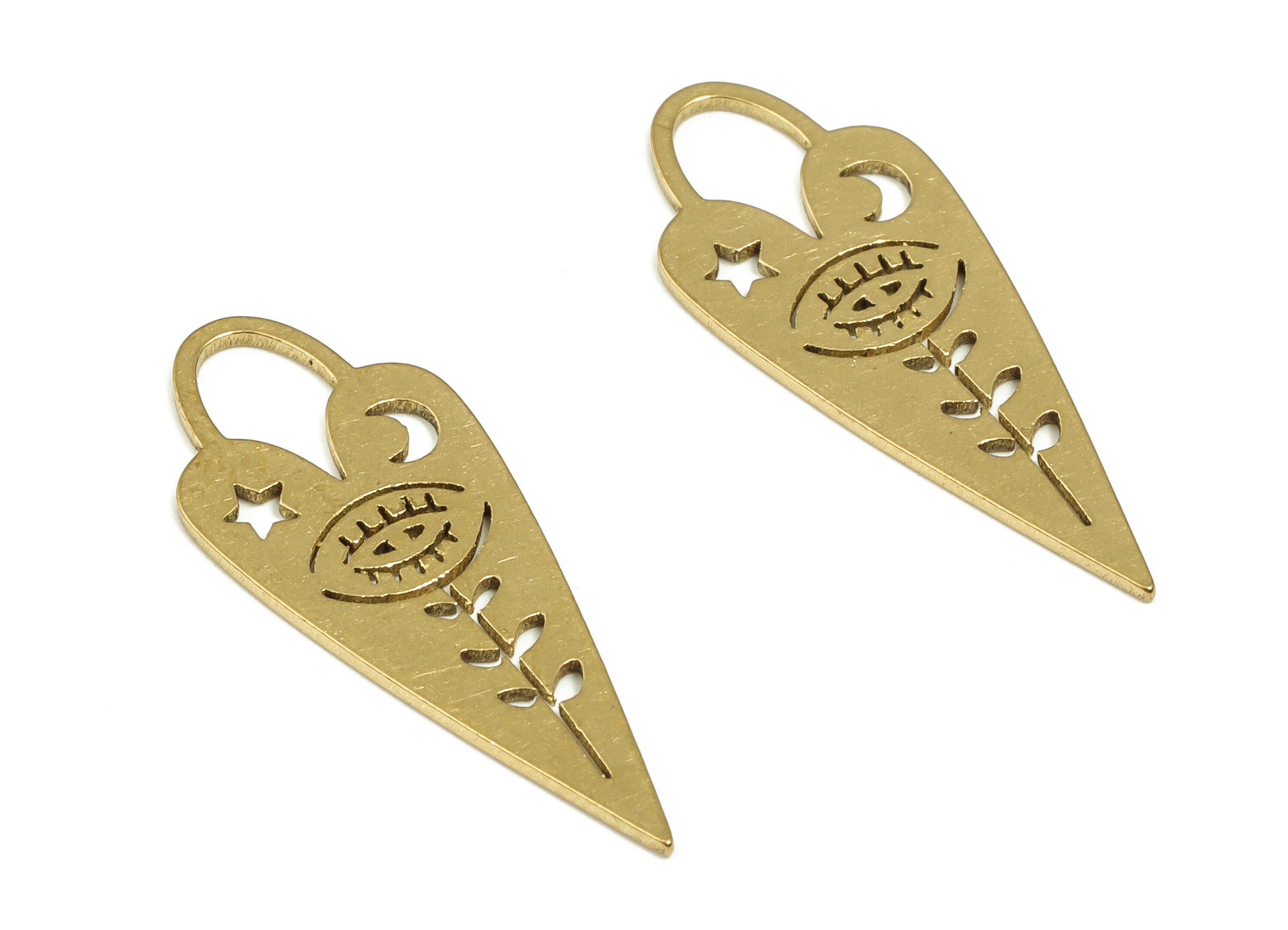 Brass Heart Drop Earring Charms - Raw Brass Star Moon Pendant - Earring Findings - Jewelry Making Supplies - 24.8x9.84x0.64mm- PP4618 - DOMEDBAZAAR