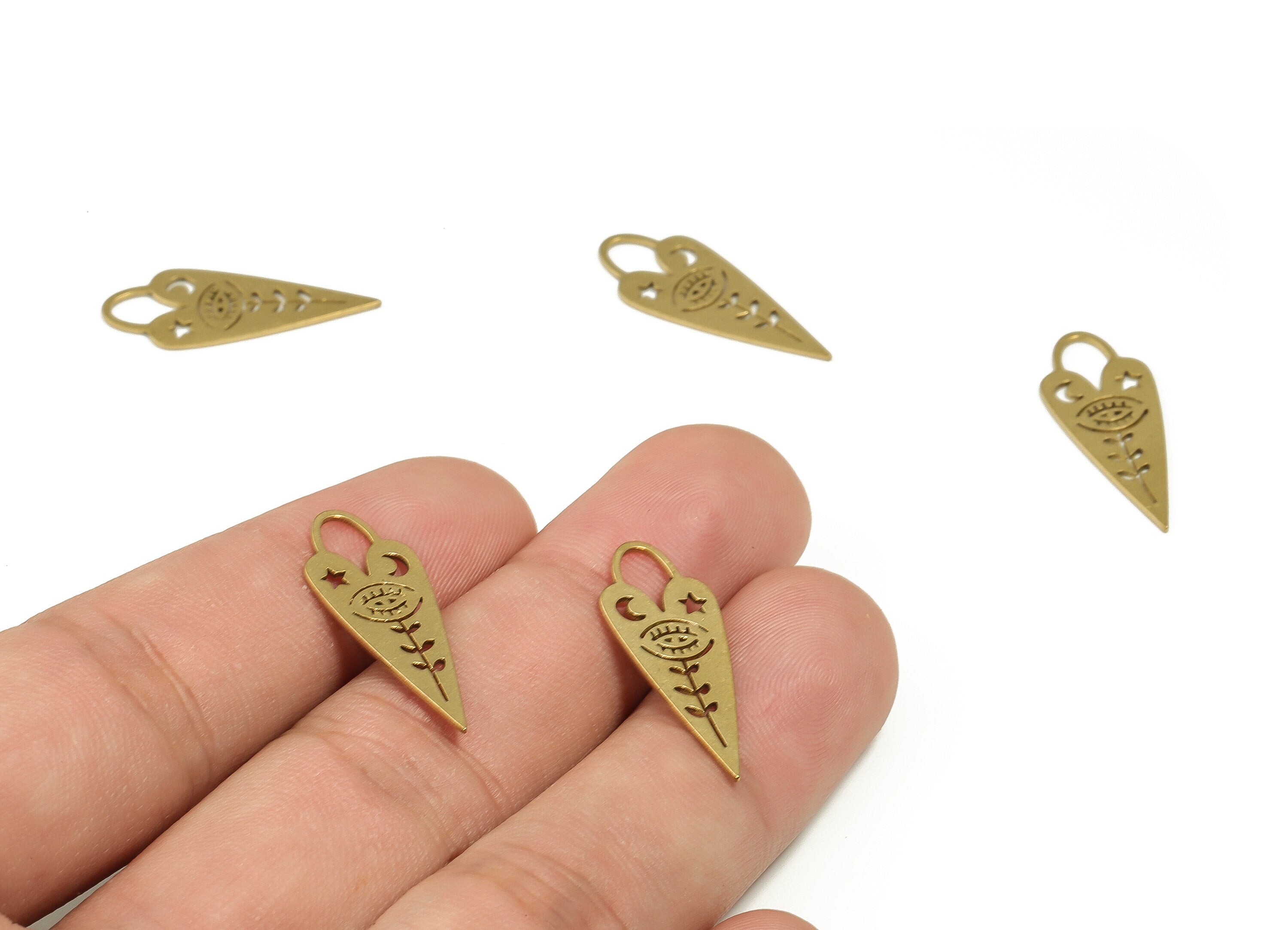 Brass Heart Drop Earring Charms - Raw Brass Star Moon Pendant - Earring Findings - Jewelry Making Supplies - 24.8x9.84x0.64mm- PP4618 - DOMEDBAZAAR