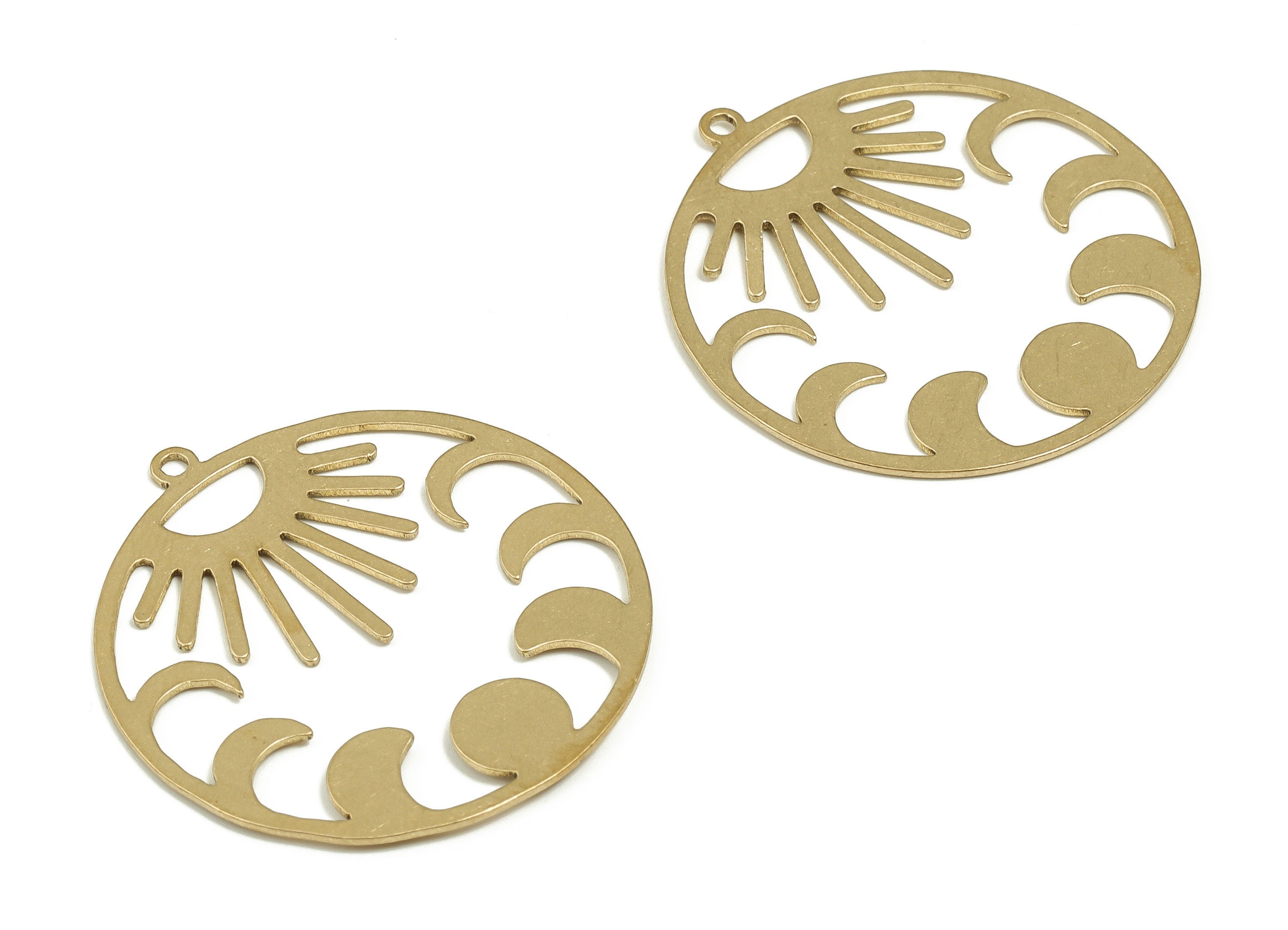 Brass Round Sun Earring Charms - Raw Brass Phases of Moon Pendant - Earrings Finding - Jewelry Making Supplies - 29.85x27.56x0.6mm - PP4630 - DOMEDBAZAAR