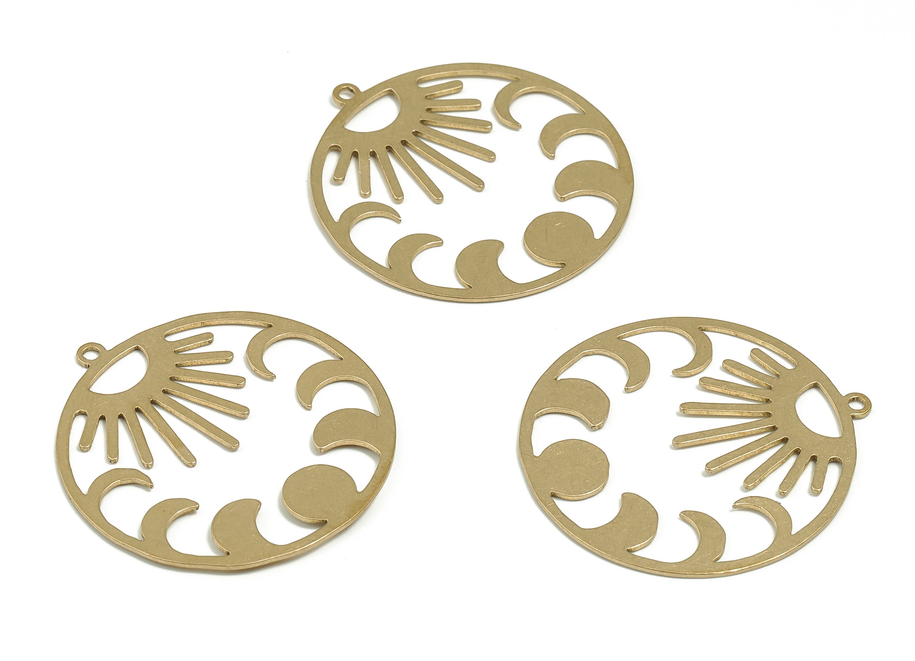 Brass Round Sun Earring Charms - Raw Brass Phases of Moon Pendant - Earrings Finding - Jewelry Making Supplies - 29.85x27.56x0.6mm - PP4630 - DOMEDBAZAAR