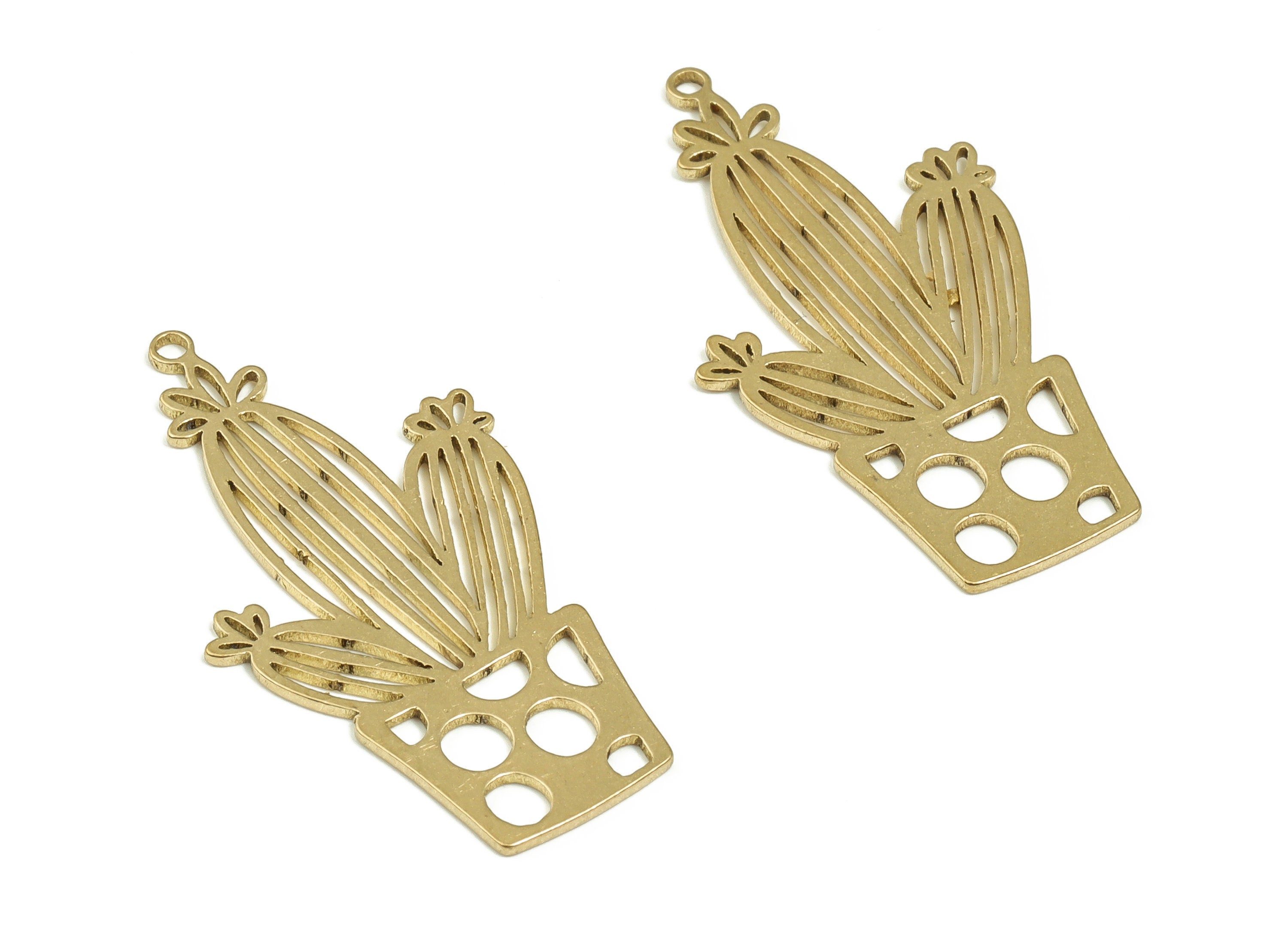 Brass Potted Cactus Earring Charms - Raw Brass Potted Cactus Pendant - Earring Findings - Jewelry Supplies - 29.96x15.05x0.74mm - PP4358 - DOMEDBAZAAR
