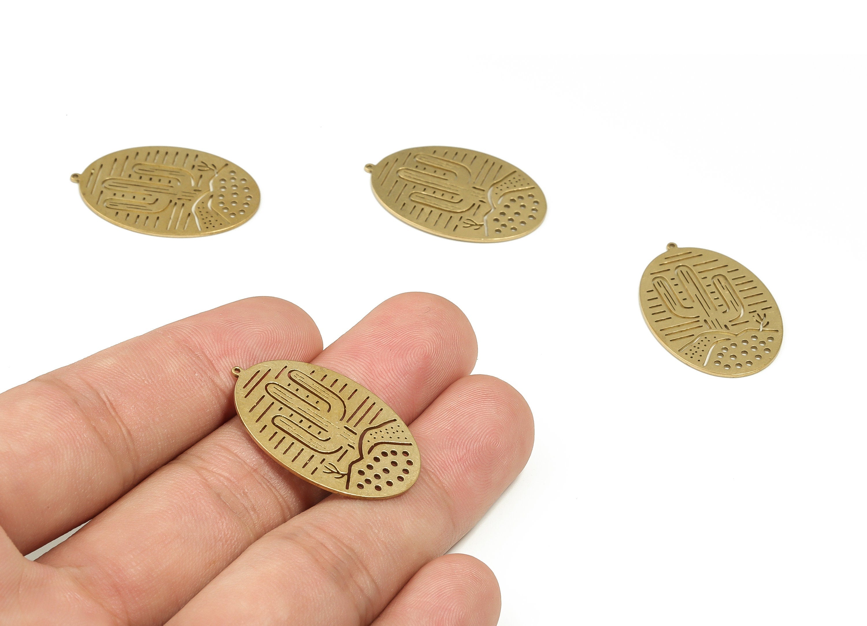 Raw Brass Oval Cactus Pendant – Brass Oval Cactus Earring Charm - Earring Findings - Jewelry Making Supplies - 29.84x20.23x0.69mm - PP4253 - DOMEDBAZAAR