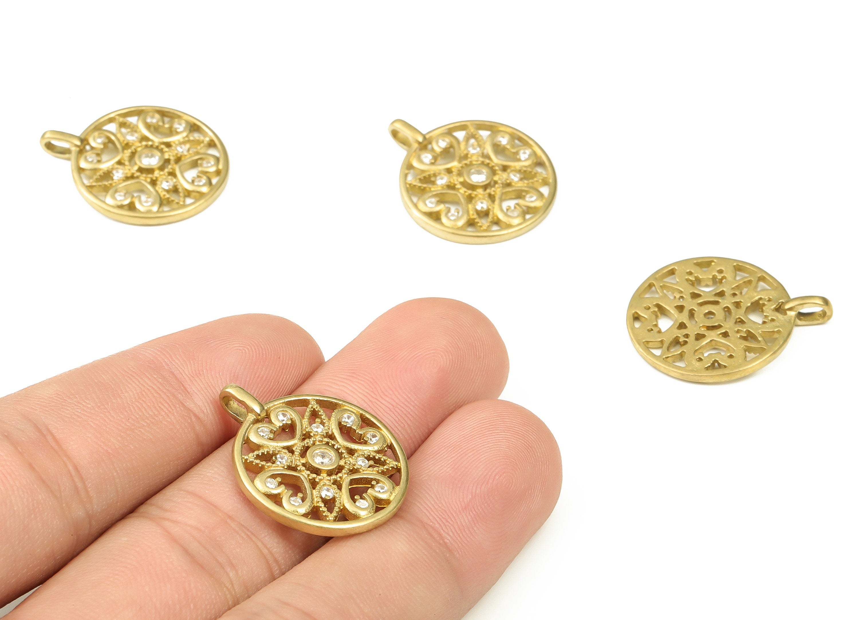 Brass Round Heart Earring Charms With Zircons - Raw Brass Circle Flower Pendant - Jewelry Making Supplies - 24.36x20x2.3mm - PP4410 - DOMEDBAZAAR