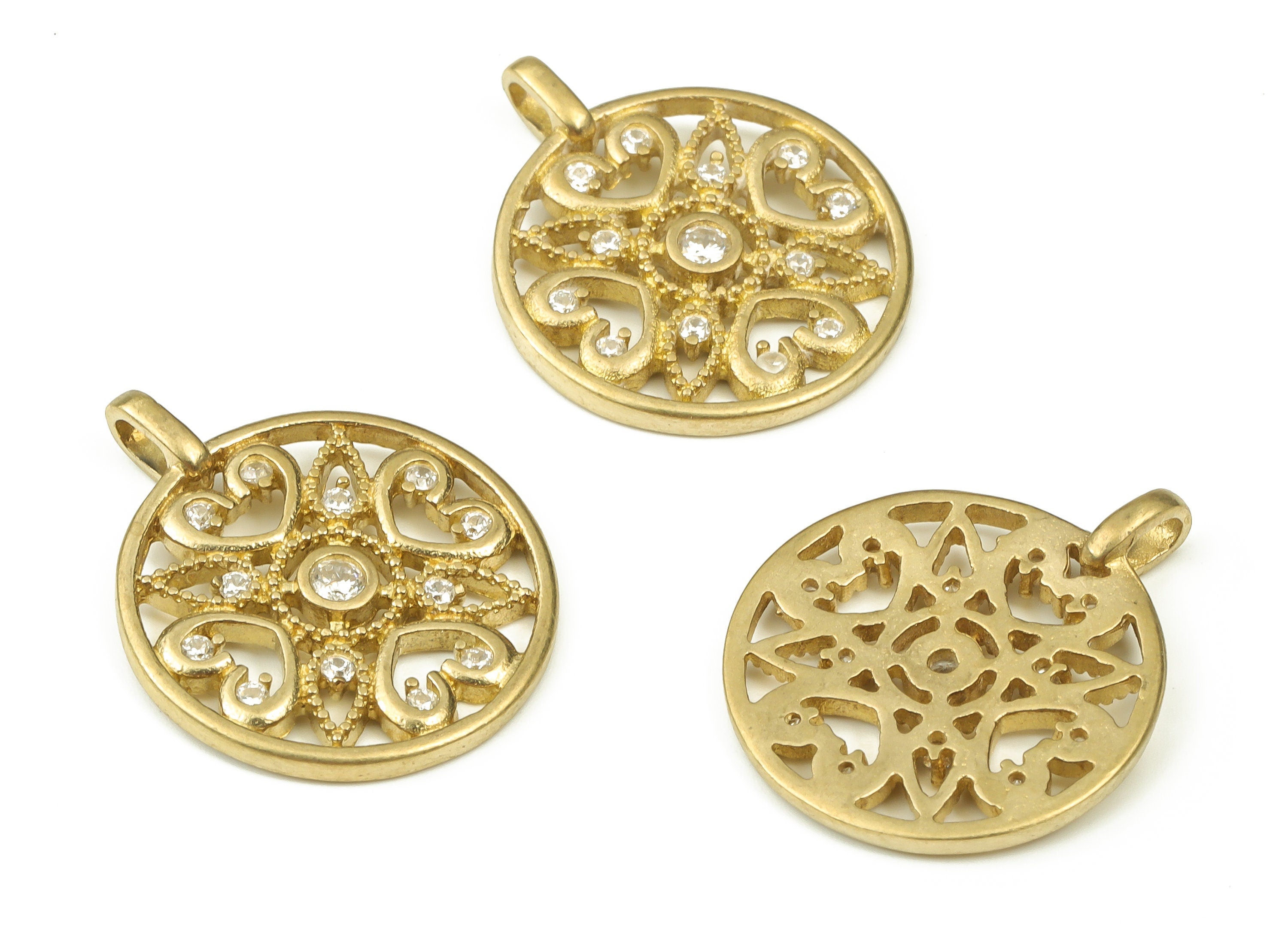 Brass Round Heart Earring Charms With Zircons - Raw Brass Circle Flower Pendant - Jewelry Making Supplies - 24.36x20x2.3mm - PP4410 - DOMEDBAZAAR