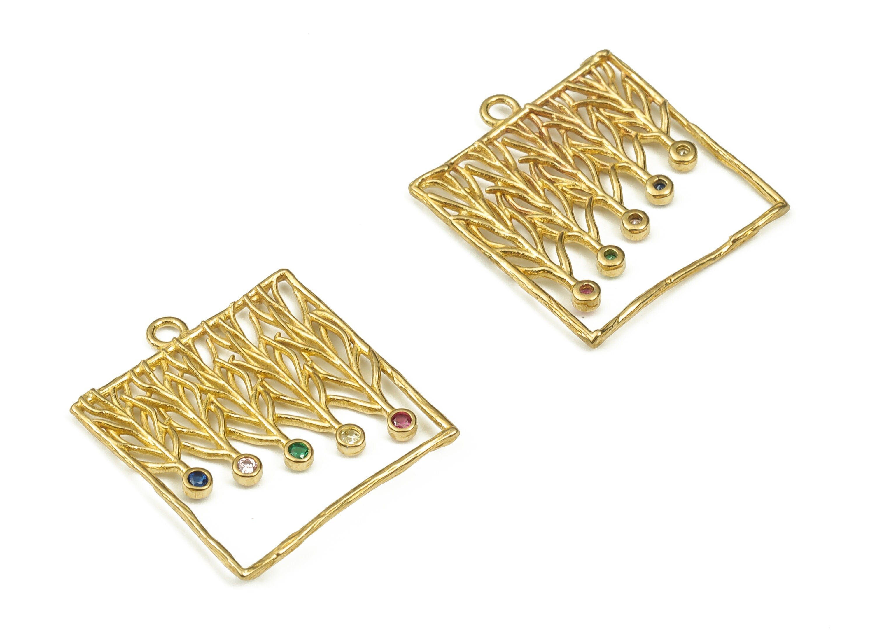 Brass Square Earring Charms With Zircons - Raw Brass Branches Pendant - Earrings Finding - Jewelry Making Supplies - 22x19.9x1.4mm - PP4486 - DOMEDBAZAAR