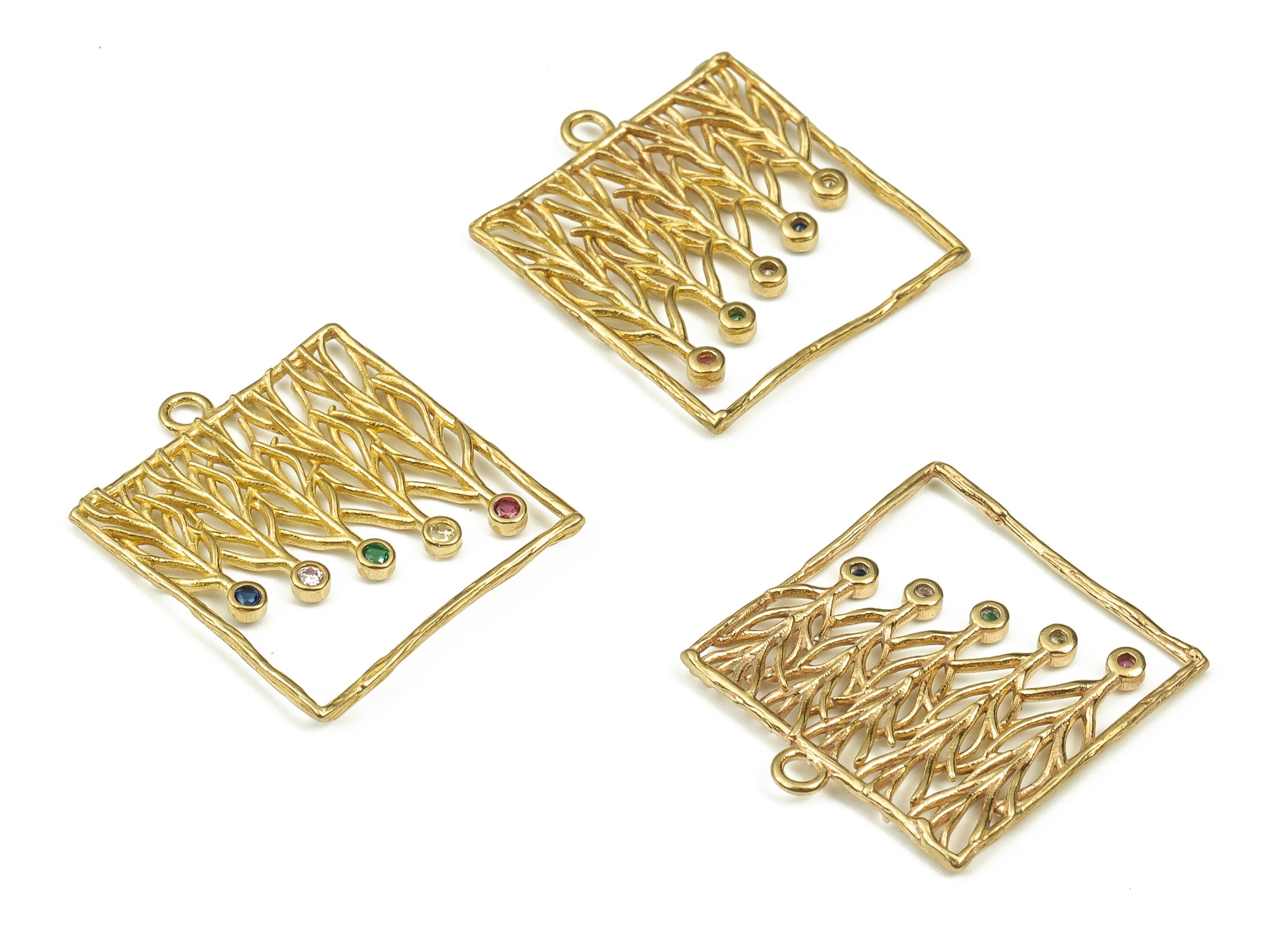 Brass Square Earring Charms With Zircons - Raw Brass Branches Pendant - Earrings Finding - Jewelry Making Supplies - 22x19.9x1.4mm - PP4486 - DOMEDBAZAAR
