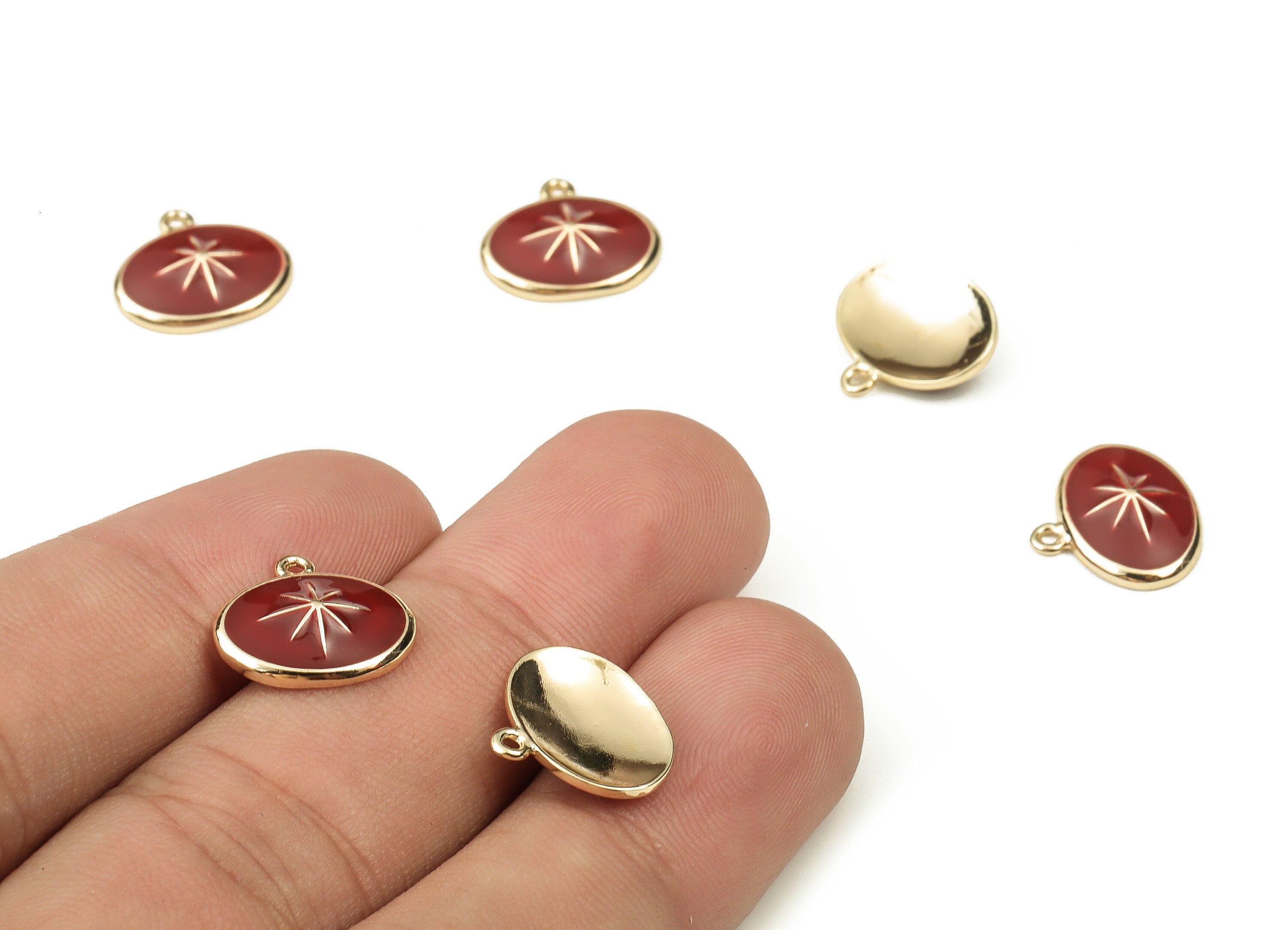 Brass Oval Earring Charms - Gold Star Pendant - 18K Real Gold Plated Brass - Jewelry Making Supplies - 13.23x12.08x1.05mm - RGP3738D - DOMEDBAZAAR