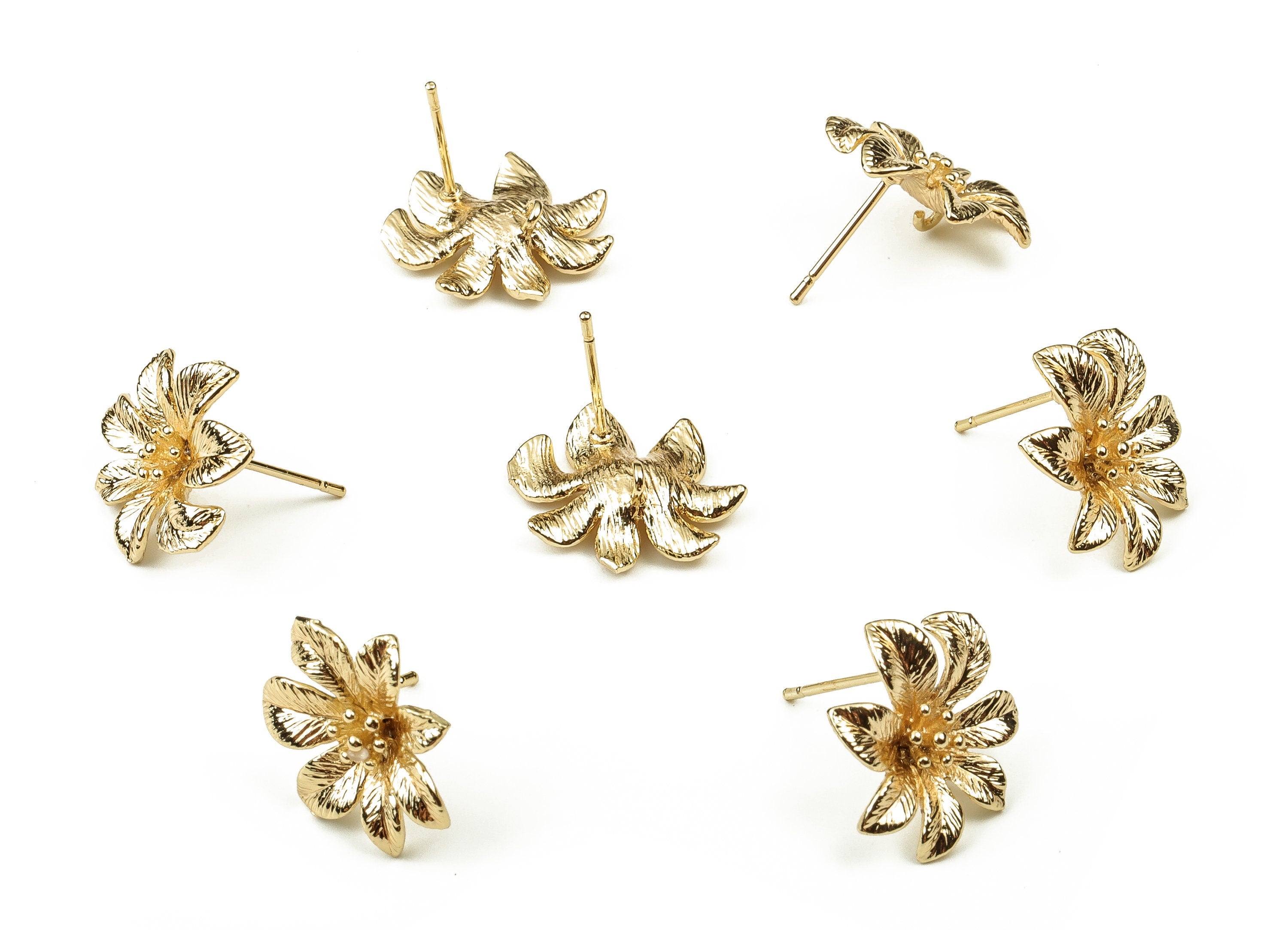 Brass Flower Earring Post - Gold Flower Earring Stud - 18K Real Gold Plated Brass - Stainless Steel Stud - 16.92x15.39x3.86mm - RGP3844 - DOMEDBAZAAR