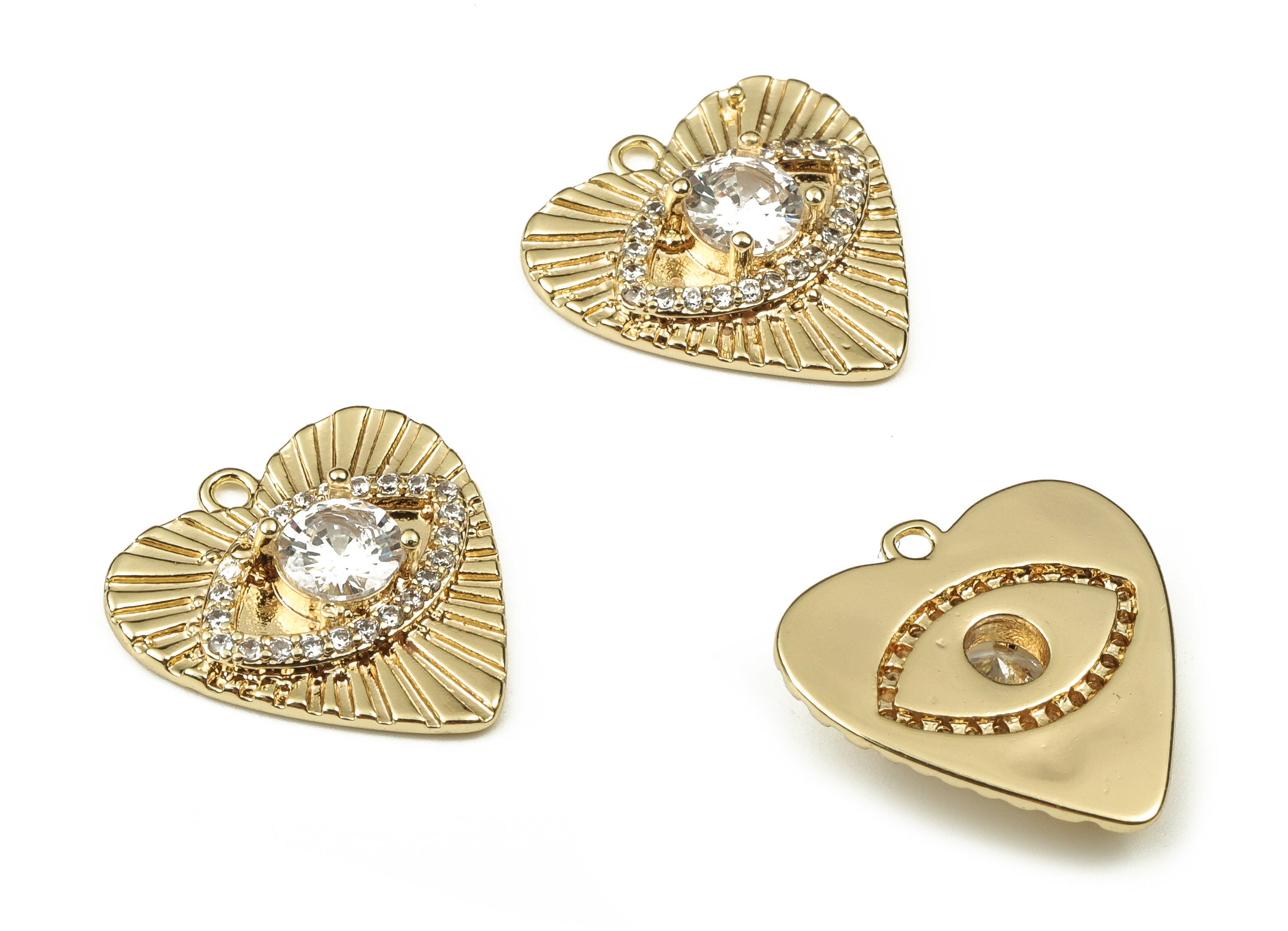 Brass Heart Earring Charms With Zircons - Gold Eye Pendant - 18K Real Gold Plated Brass - Jewelry Making Supplies - 16.06x16x3.5mm - RGP3413 - DOMEDBAZAAR
