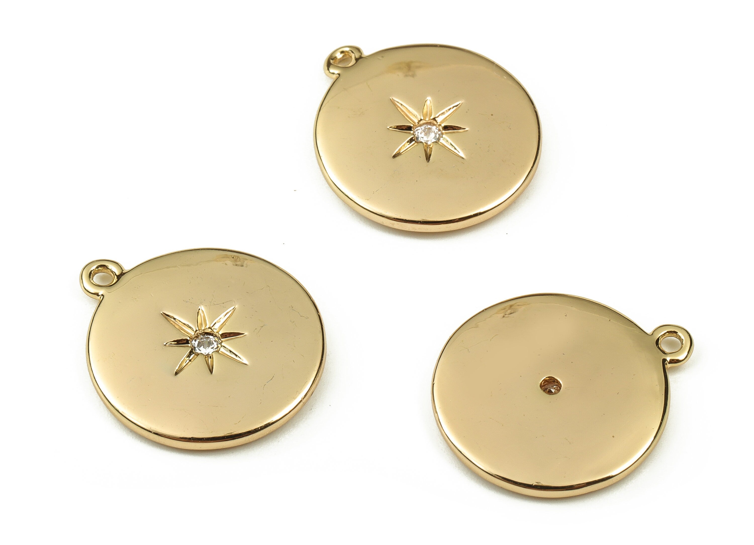 Brass Round Earring Charms With Zircon - Gold Star Pendant - 18K Real Gold Plated Brass - Jewelry Supplies - 17.45x15.03x1.92mm - RGP3746 - DOMEDBAZAAR