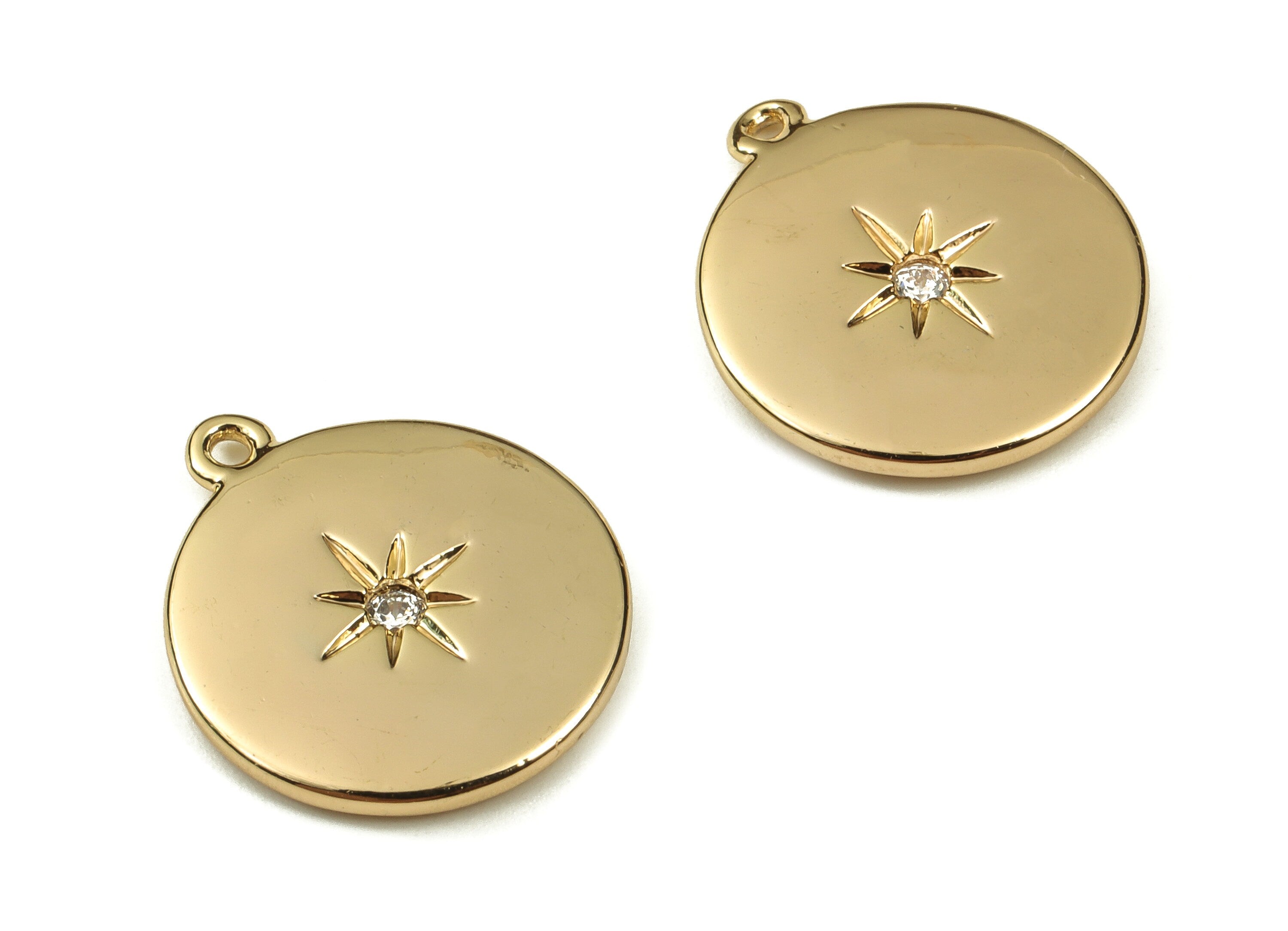 Brass Round Earring Charms With Zircon - Gold Star Pendant - 18K Real Gold Plated Brass - Jewelry Supplies - 17.45x15.03x1.92mm - RGP3746 - DOMEDBAZAAR