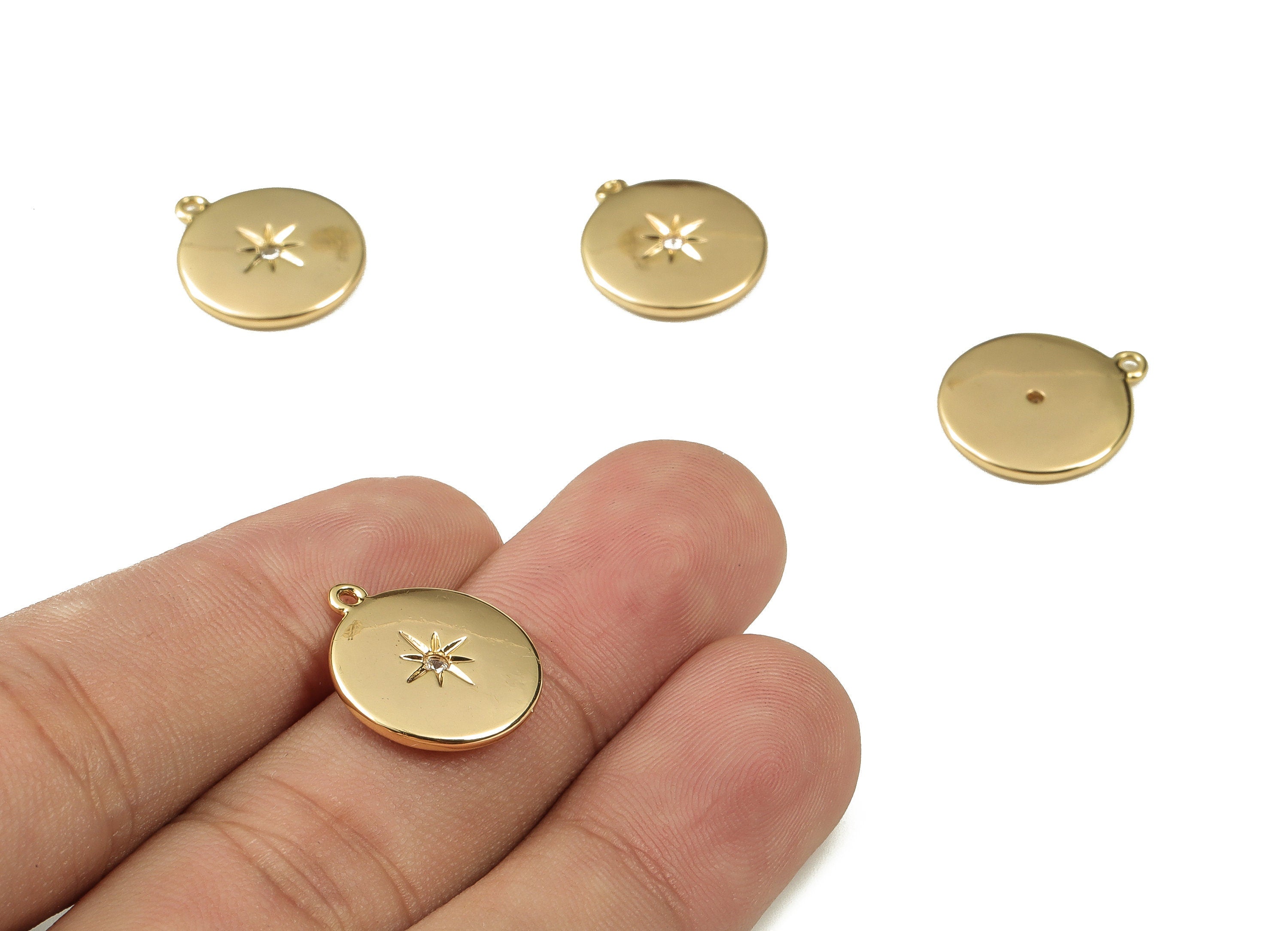 Brass Round Earring Charms With Zircon - Gold Star Pendant - 18K Real Gold Plated Brass - Jewelry Supplies - 17.45x15.03x1.92mm - RGP3746 - DOMEDBAZAAR