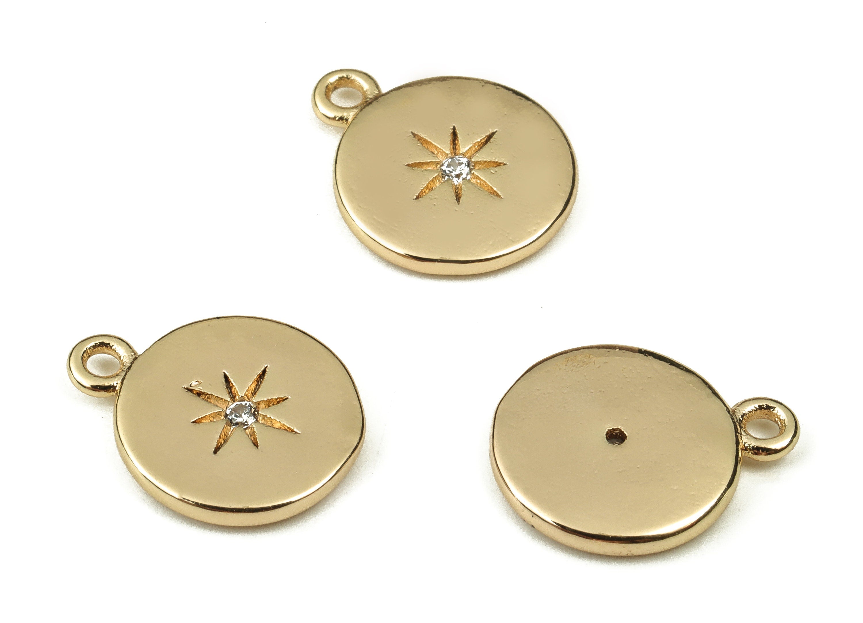Brass Round Earring Charms With Zircon - Gold Star Pendant - 18K Real Gold Plated Brass - Jewelry Supplies - 12.42x10.13x1.53mm - RGP3747 - DOMEDBAZAAR