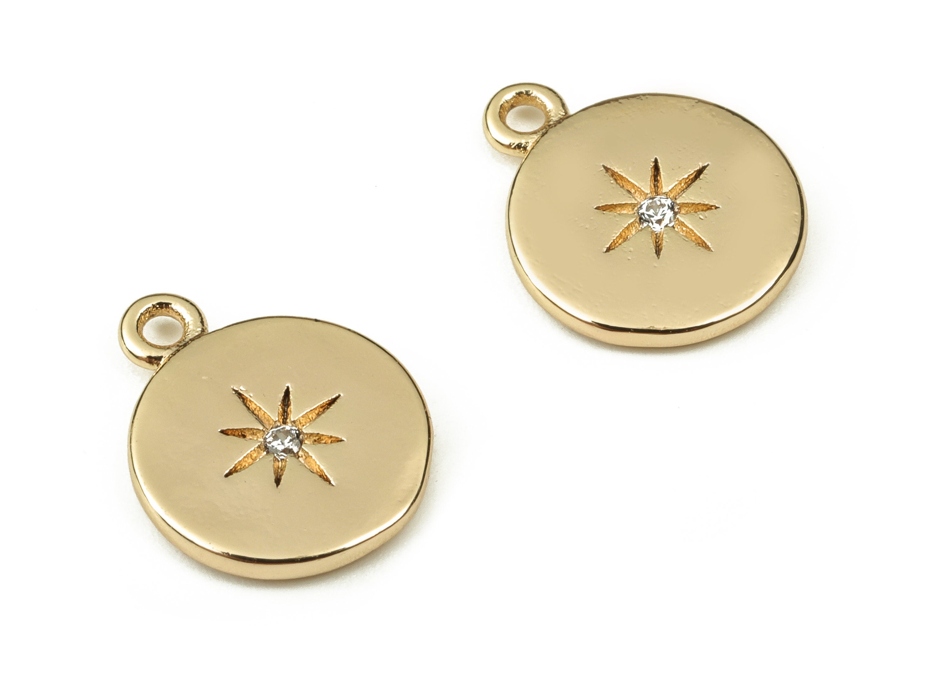 Brass Round Earring Charms With Zircon - Gold Star Pendant - 18K Real Gold Plated Brass - Jewelry Supplies - 12.42x10.13x1.53mm - RGP3747 - DOMEDBAZAAR