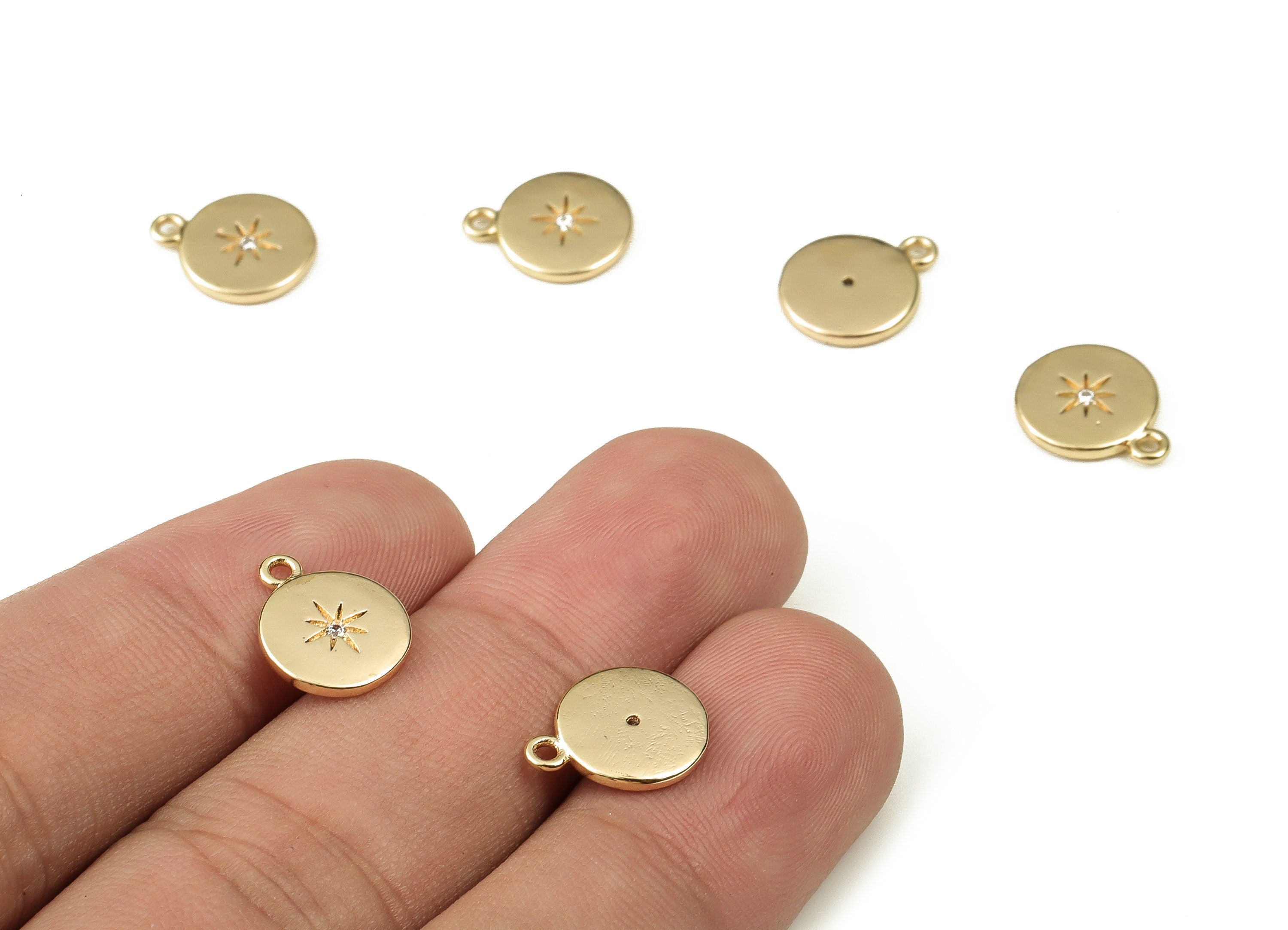 Brass Round Earring Charms With Zircon - Gold Star Pendant - 18K Real Gold Plated Brass - Jewelry Supplies - 12.42x10.13x1.53mm - RGP3747 - DOMEDBAZAAR