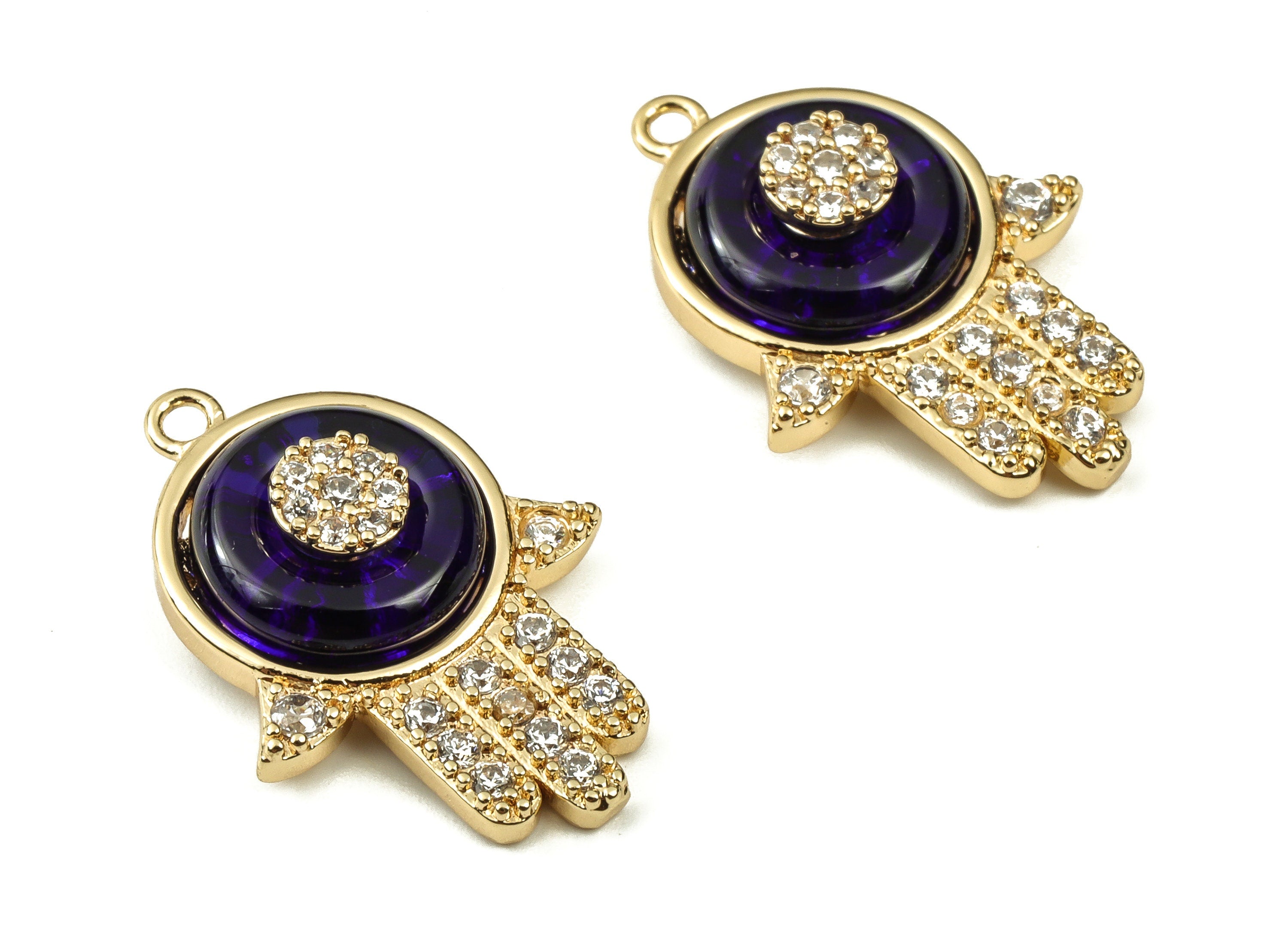 Brass Hamsa Hand Earring Charms – Zircon Evil Eye Hand Pendant - 18K Real Gold Plated Brass - Jewelry Supplies - 22.6x15.75x5.85mm - RGP3405 - DOMEDBAZAAR