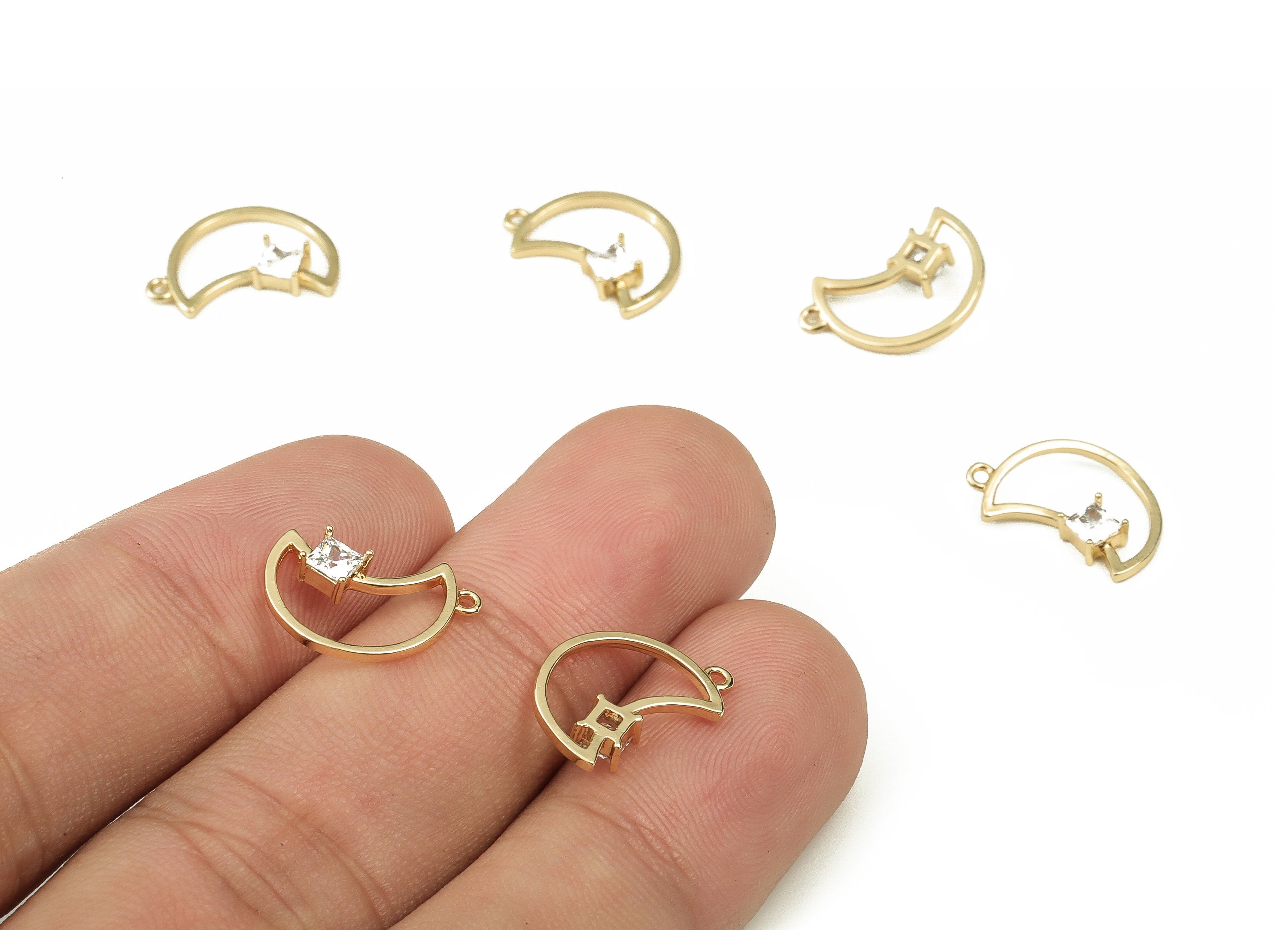 Brass Crescent Earring Charms With Zircons – Hollow Moon Pendant - 18K Real Gold Plated Brass - Jewelry Supplies - 14.51x9.8x2.85mm- RGP3830 - DOMEDBAZAAR