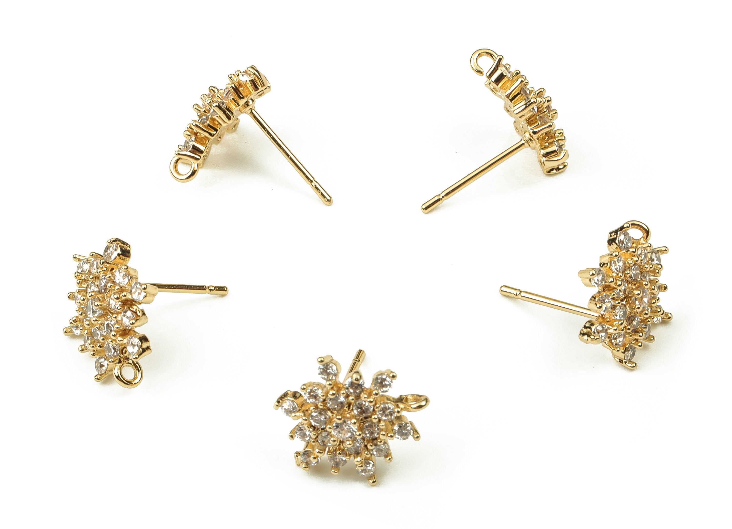Brass Flower Earring Stud With Zircons - Gold Flower Post - Stainless Steel Stud - 18K Real Gold Plated Brass – 12.37x12.21x3.08mm - RGP3761 - DOMEDBAZAAR