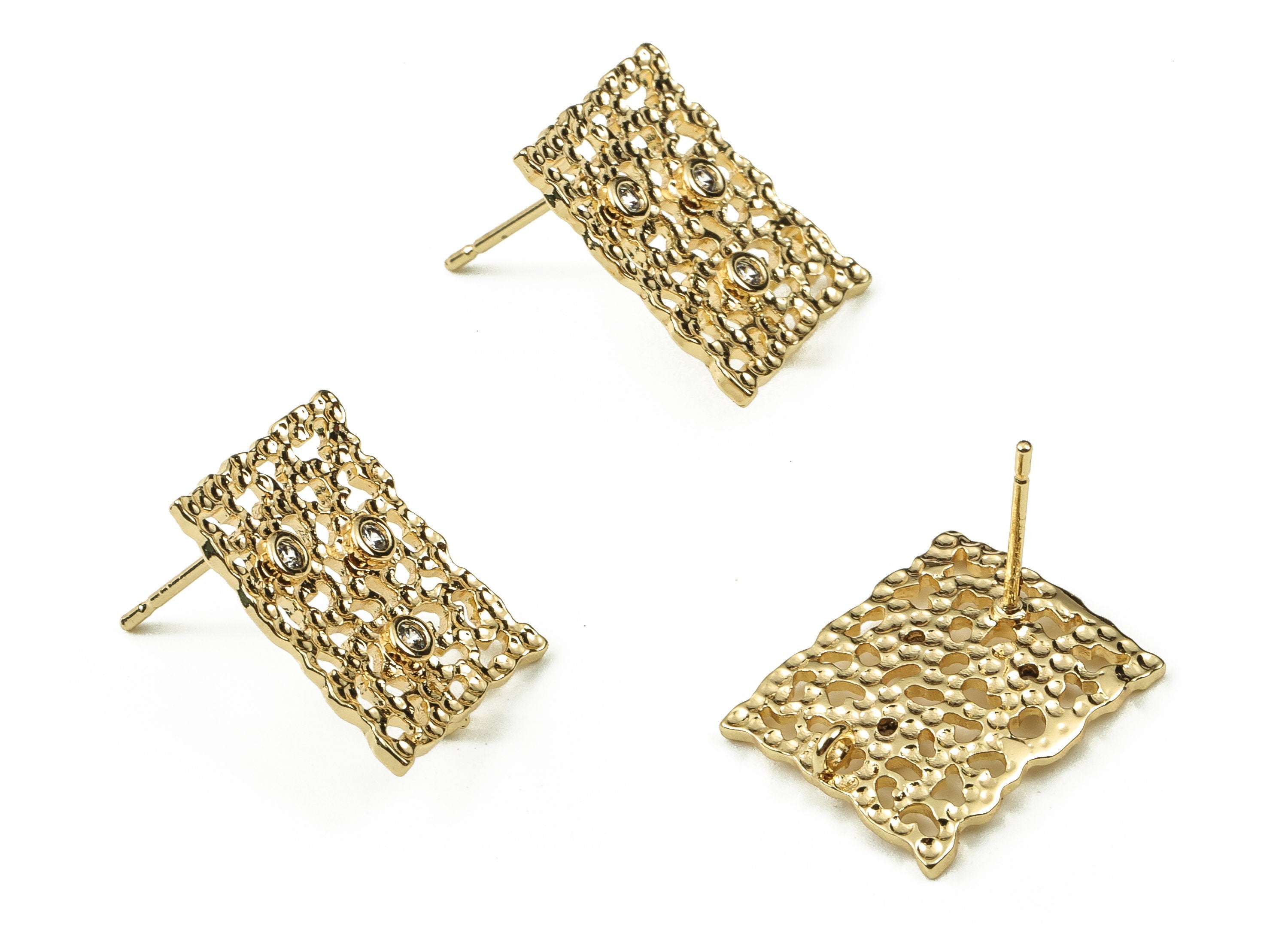 Brass Square Earring Stud With Zircons - Gold Square Post - Stainless Steel Stud - 18K Real Gold Plated Brass – 17.47x14.23x2mm - RGP3765 - DOMEDBAZAAR