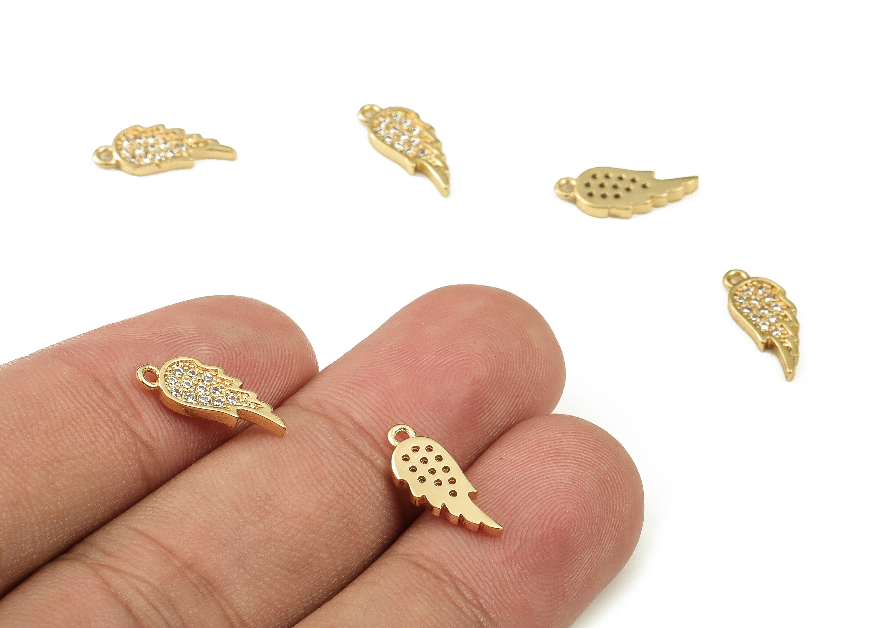 Brass Wing Earring Charms With Zircons - Gold Wing Pendant - 18K Real Gold Plated Brass - Jewelry Supplies - 14.14x5.67x1.48mm - RGP3764 - DOMEDBAZAAR