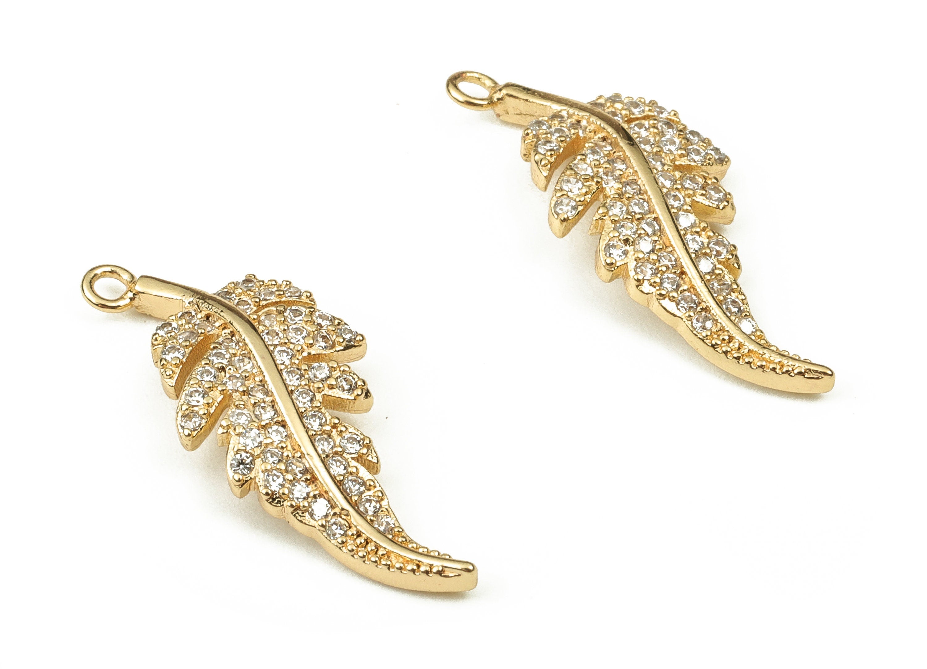 Brass Leaf Earring Charms With Zircons - Gold Leaf Pendant - 18K Real Gold Plated Brass - Jewelry Supplies - 23.27x9.13x1.95mm - RGP3749 - DOMEDBAZAAR