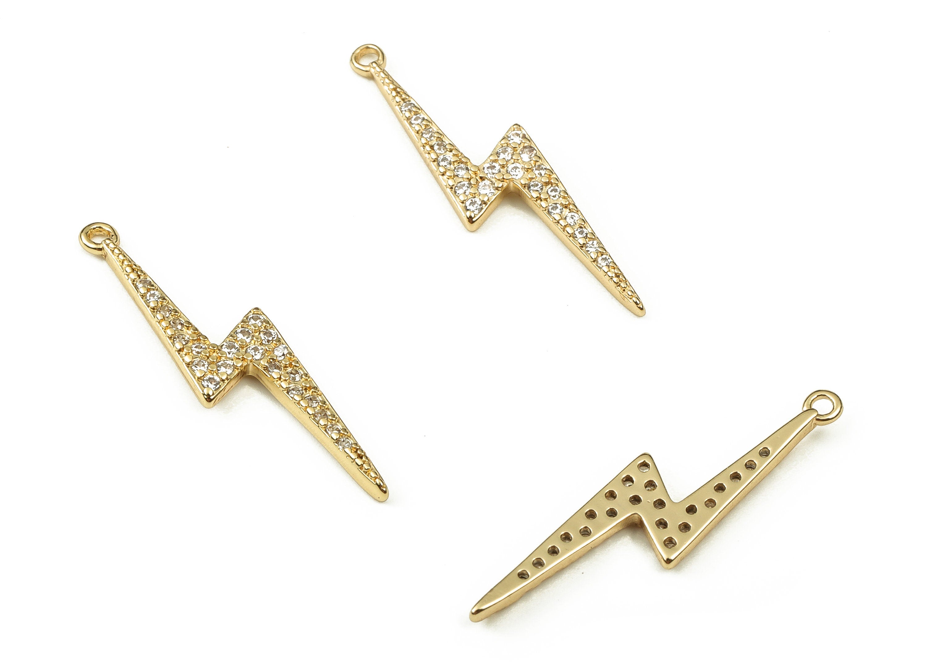 Brass Lightning Earring Connector Charm with Zircons - Gold Lightning Bolt Pendant - 18K Gold Plated Brass - 27.26x6.63x1.57mm - RGP3866 - DOMEDBAZAAR