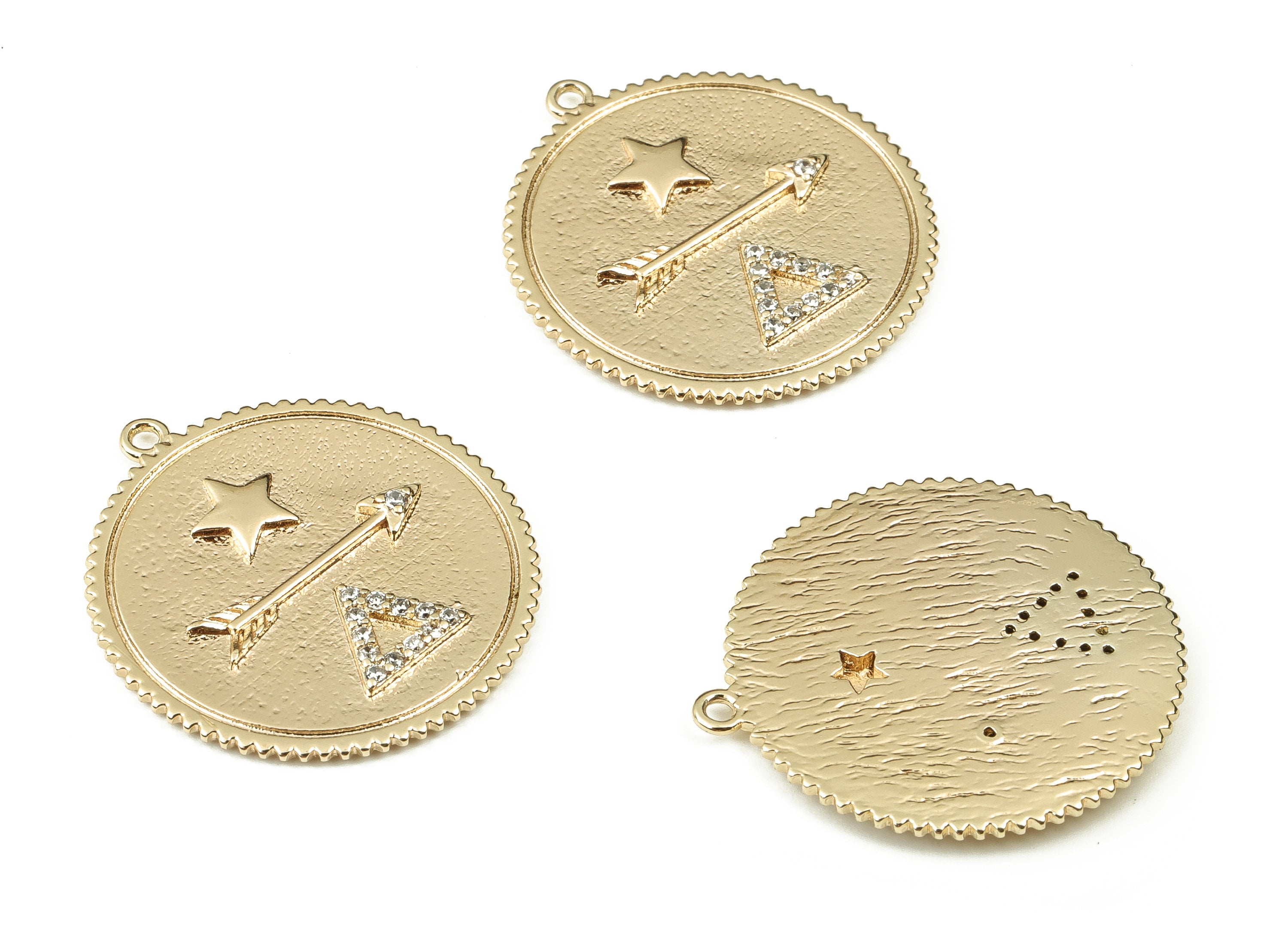 Brass Round Arrow Earring Charms With Zircons - Gold Triangle Star Pendant - 18K Real Gold Plated Brass - 25.17x23.05x2.04mm - RGP3420 - DOMEDBAZAAR