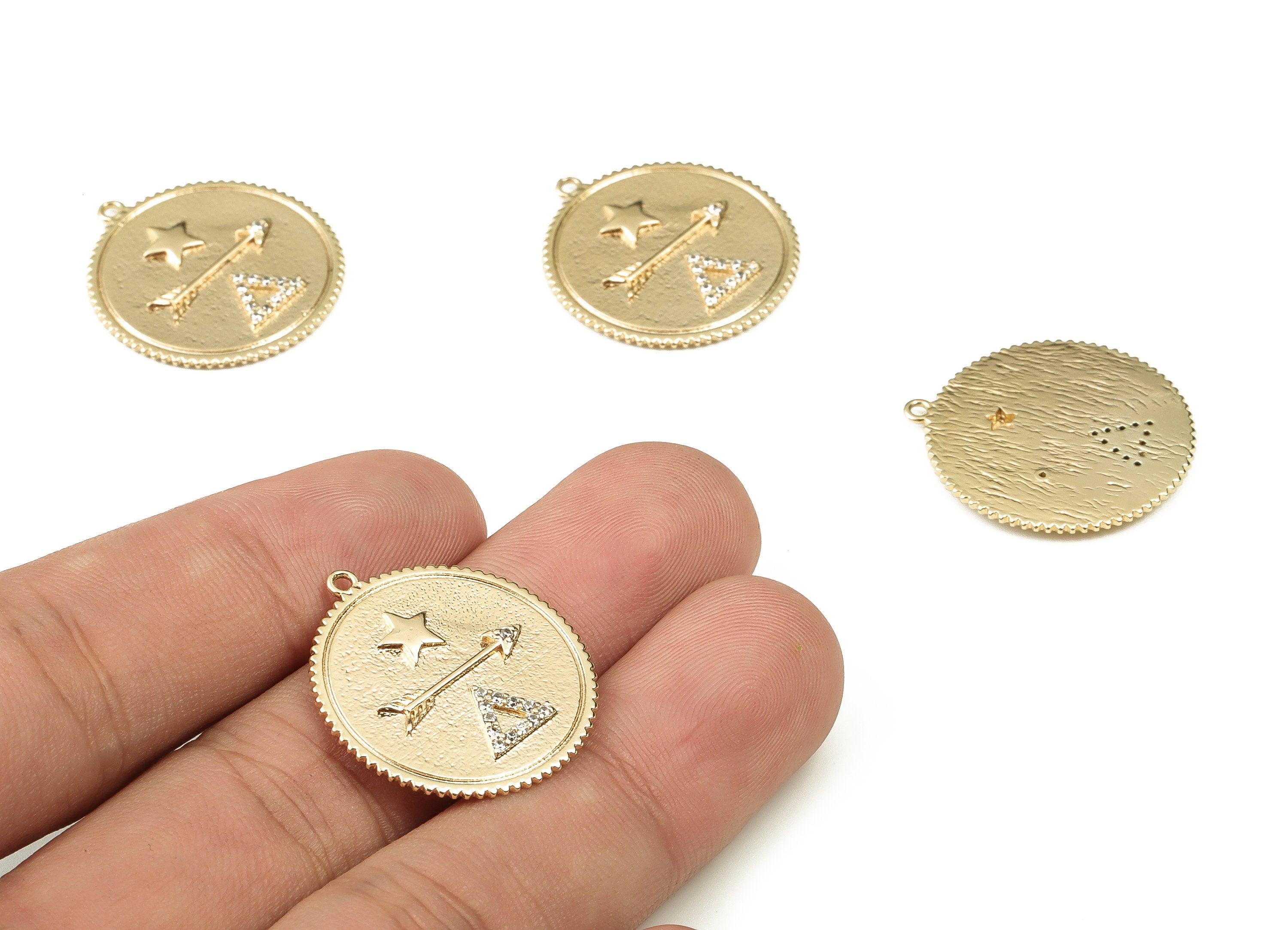 Brass Round Arrow Earring Charms With Zircons - Gold Triangle Star Pendant - 18K Real Gold Plated Brass - 25.17x23.05x2.04mm - RGP3420 - DOMEDBAZAAR