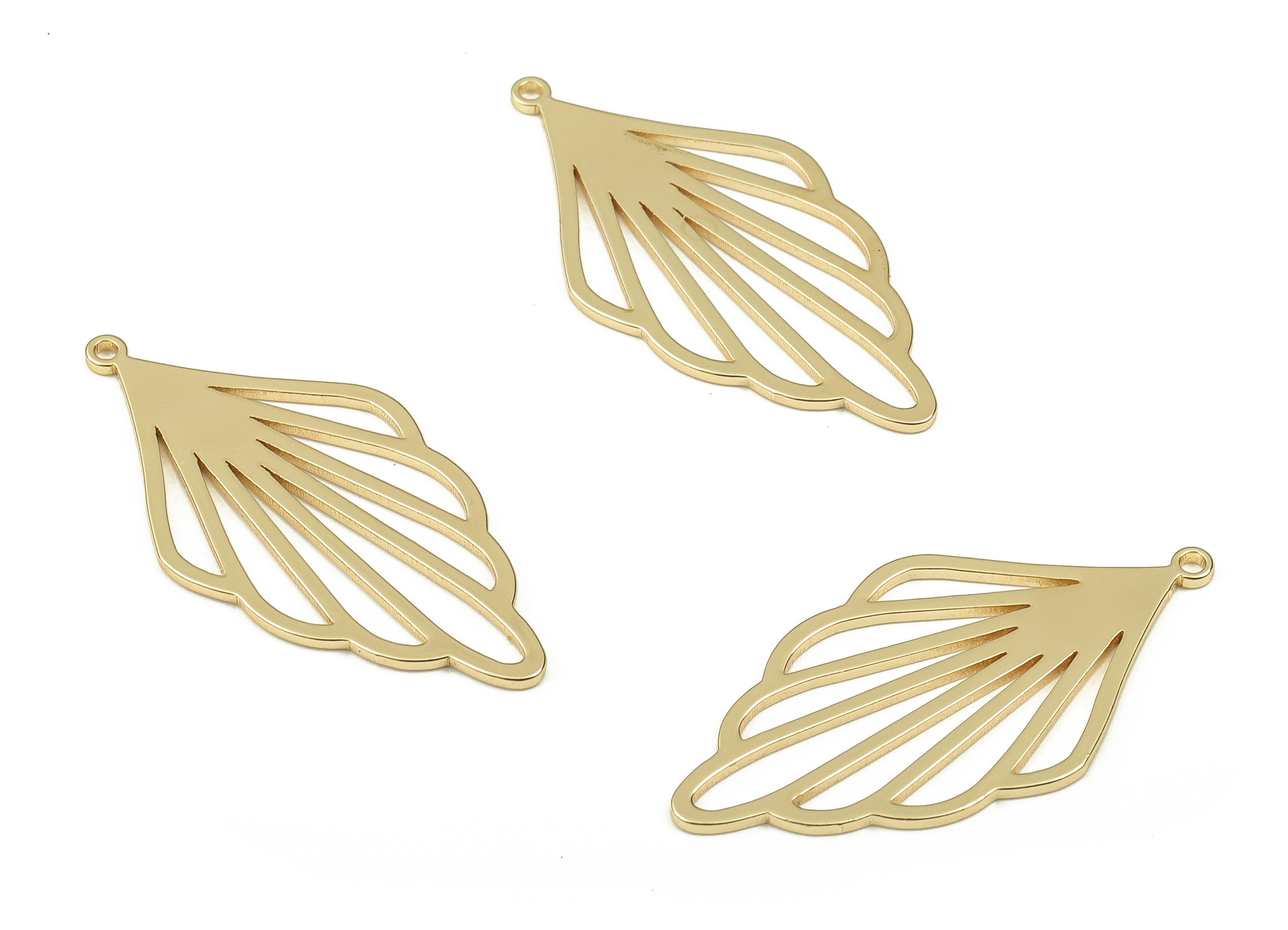 Brass Hollow Leaf Earring Charms - Gold Leaf Pendant - 18K Real Gold Plated Brass - Jewelry Making Supplies - 31.63x15.85x0.8mm - RGP3954 - DOMEDBAZAAR