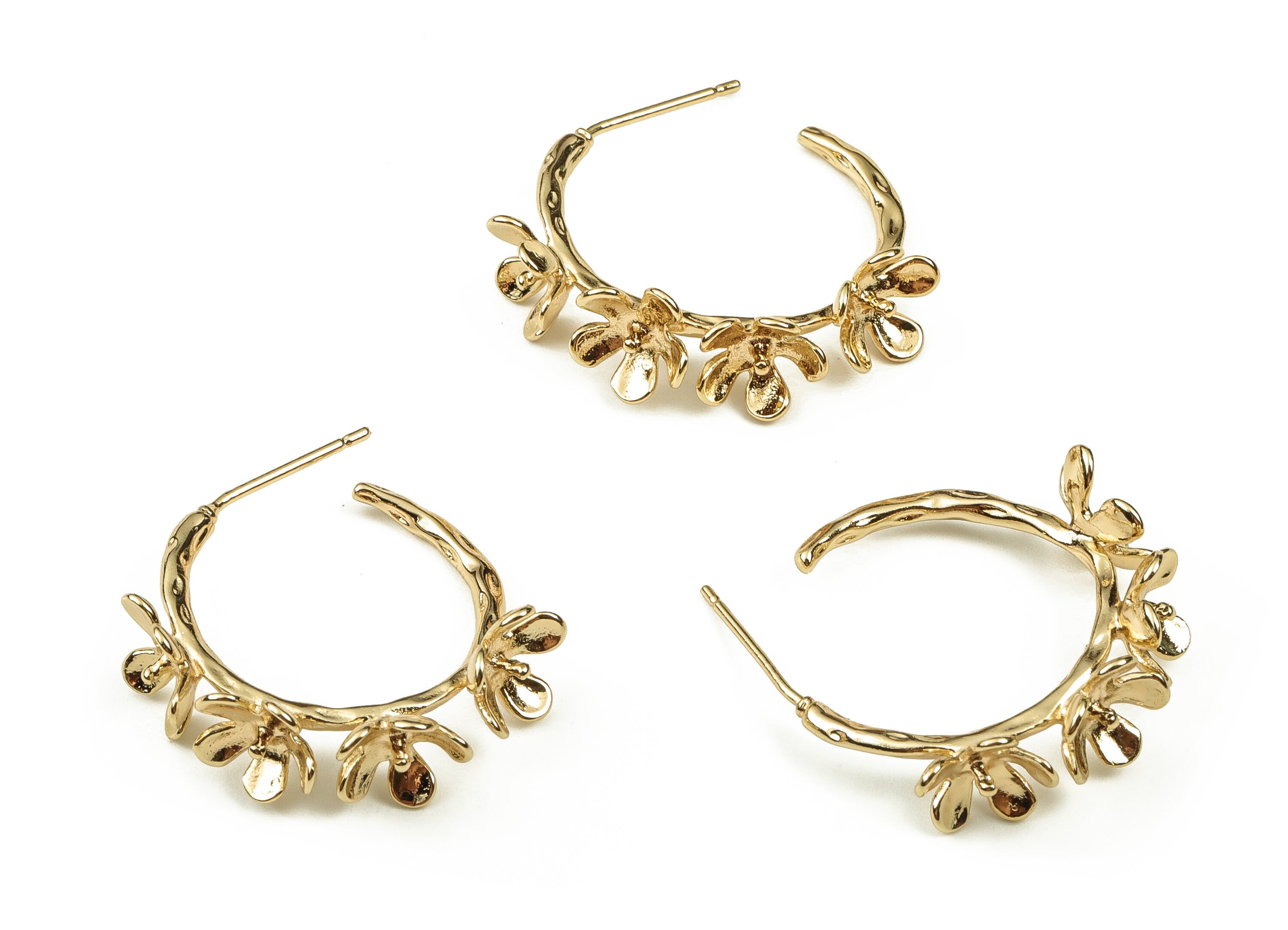Brass C Earring Post - Gold Flower Earring Stud - 18K Real Gold Plated Brass - Brass Stud - Jewelry Supplies - 24.43x23.39x4.48mm - RGP3781 - DOMEDBAZAAR