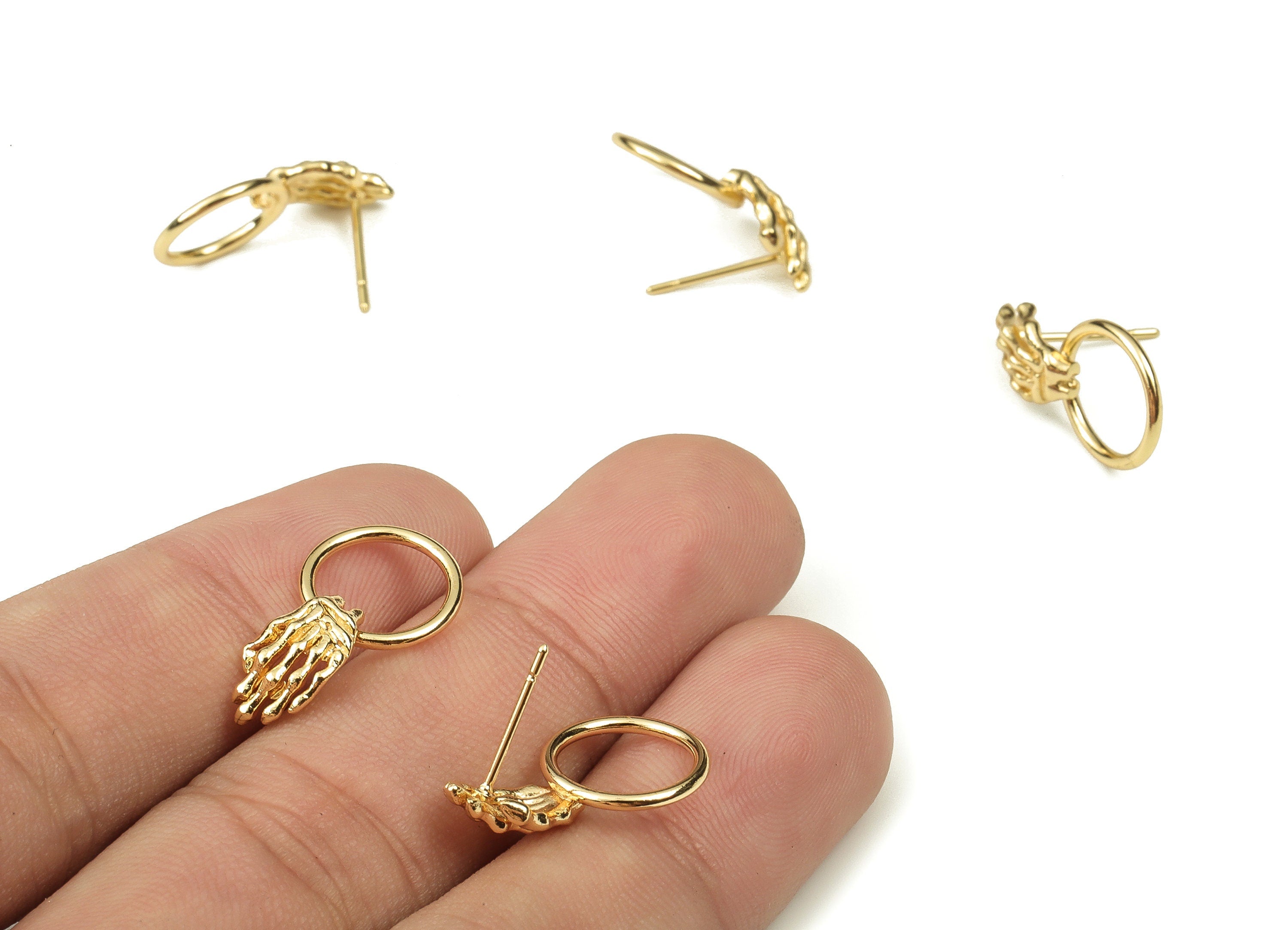 Brass Hand Stud Earring - Gold Round Ring Post Earrings - 18K Real Gold Plated Brass - Stainless Steel Stud - 20.64x11.53x1.38mm - RGP3739 - DOMEDBAZAAR