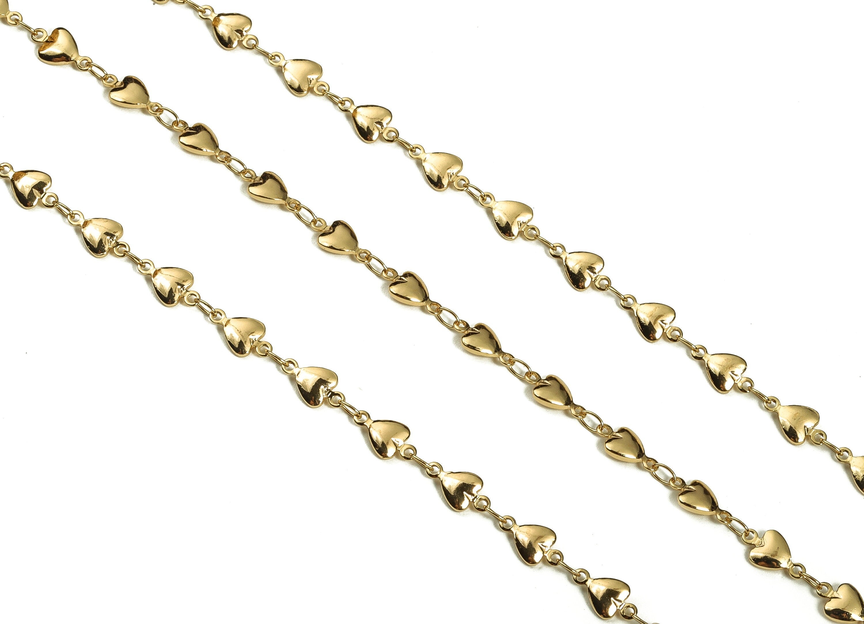 Brass Heart Flat Cable Chain - 18 Real Gold Soldered Mini Heart Chain - For Necklace Bracelet 0.46&quot; x 0.23&quot; x 0.04&quot; RGP3666 - DOMEDBAZAAR