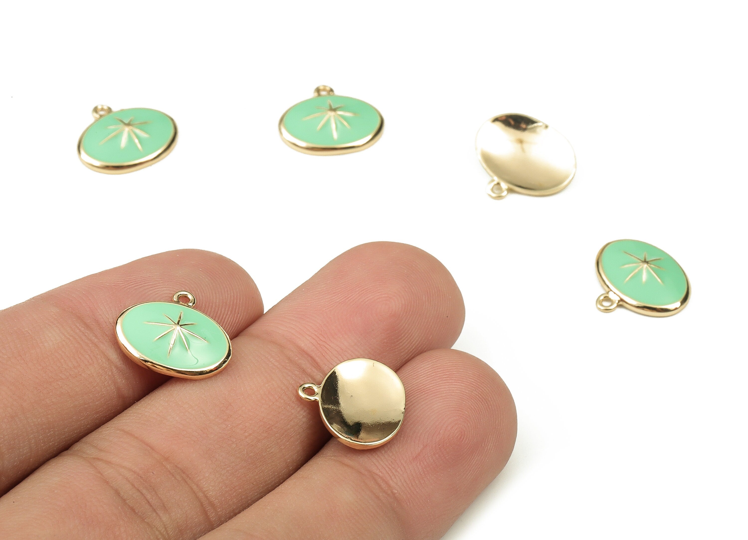 Brass Oval Earring Charms - Star Pendant – Oval Green Charm - 18K Real Gold Plated Brass - Jewelry Supplies - 13.23x12.08x1.05mm - RGP3738C - DOMEDBAZAAR